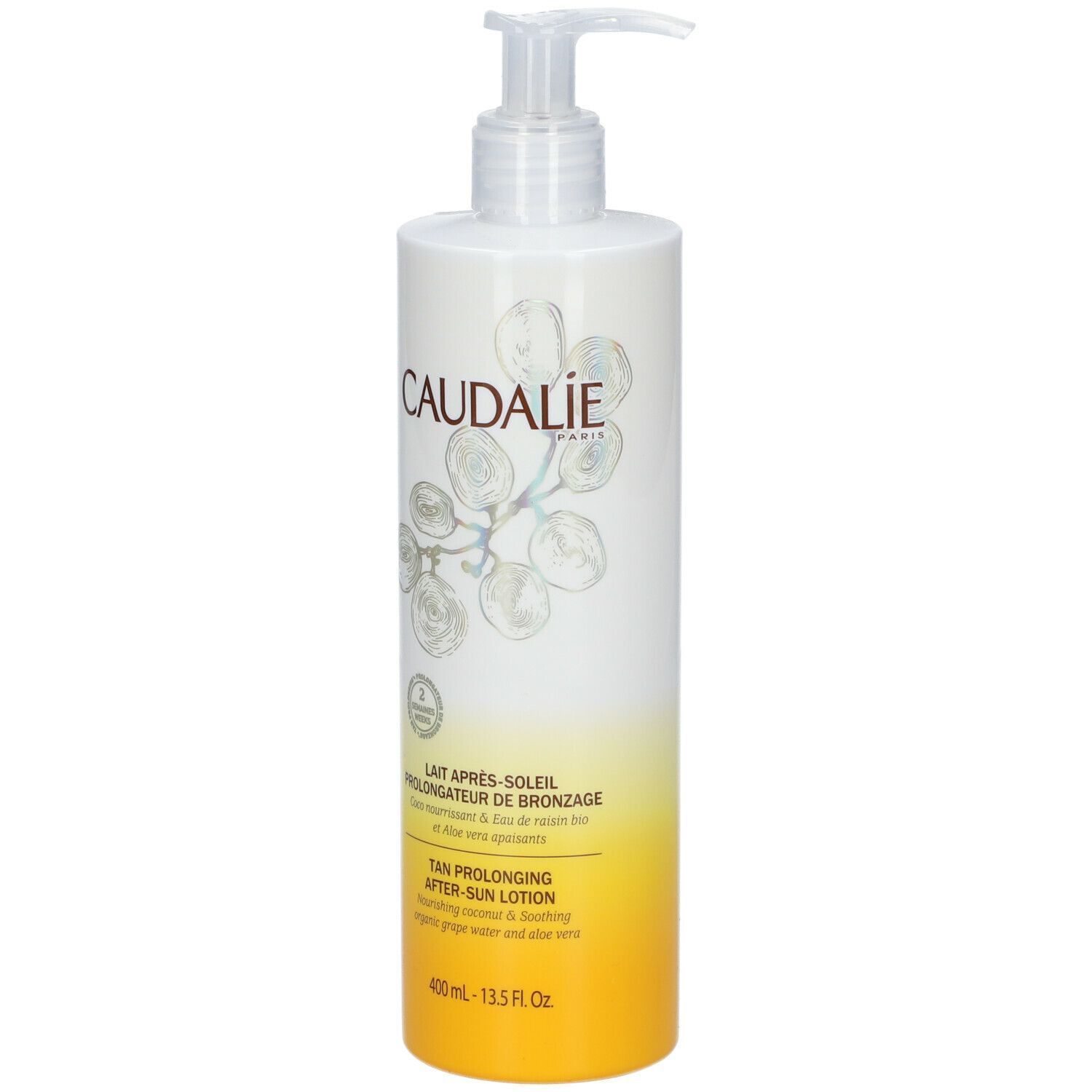 Flacon blanc avec pompe. Logo CAUDALIE. Lait Après-Soleil. Tan Prolonging After-Sun Lotion. 400 ml.
