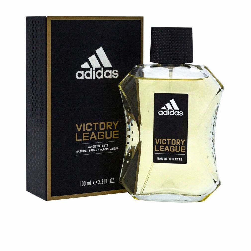 Parfümflasche und Schachtel. Auf der Schachtel und Flasche steht Adidas Victory League. 100 ml.