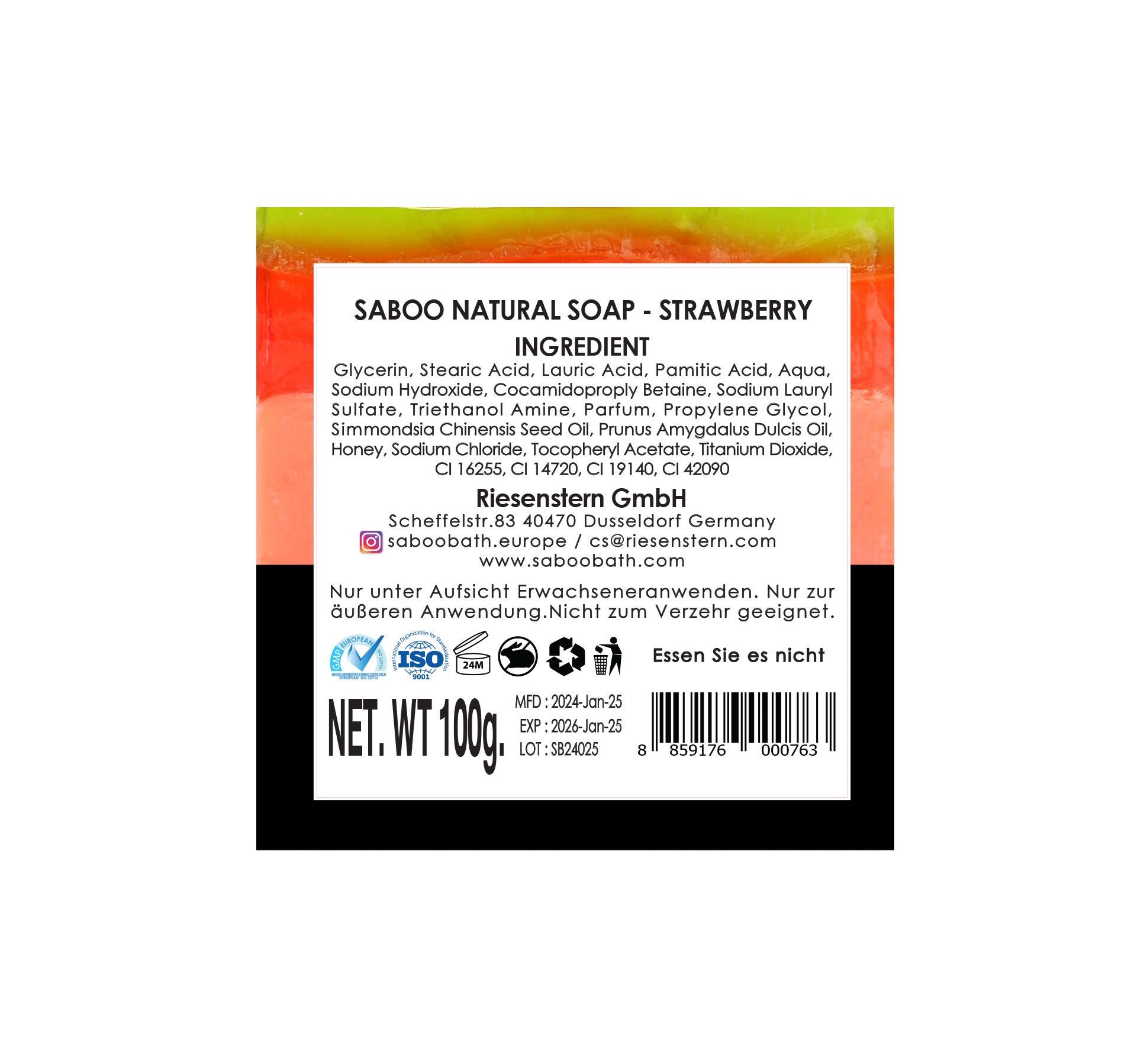 Rückseite der Seife. Enthält Inhaltsstoffe, Herstellerinformationen und Qualitätszeichen. Text: Saboo Natural Soap - Strawberry, Net. Wt. 100g.