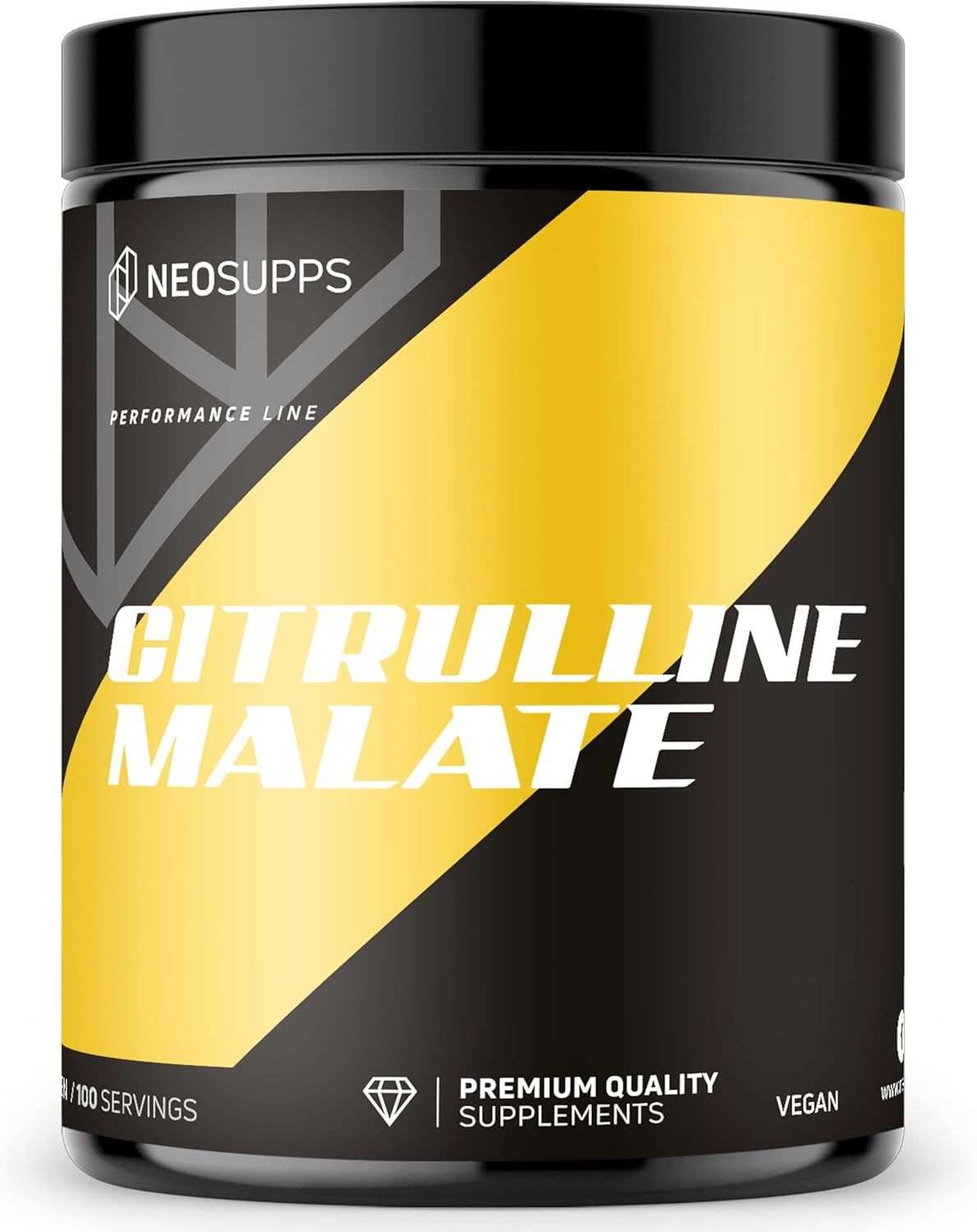 Schwarze Dose mit gelbem Streifen, CITRULLINE MALATE Schriftzug. Vegan, 100 Portionen. Marke: NEOSUPPS. Performance Line.