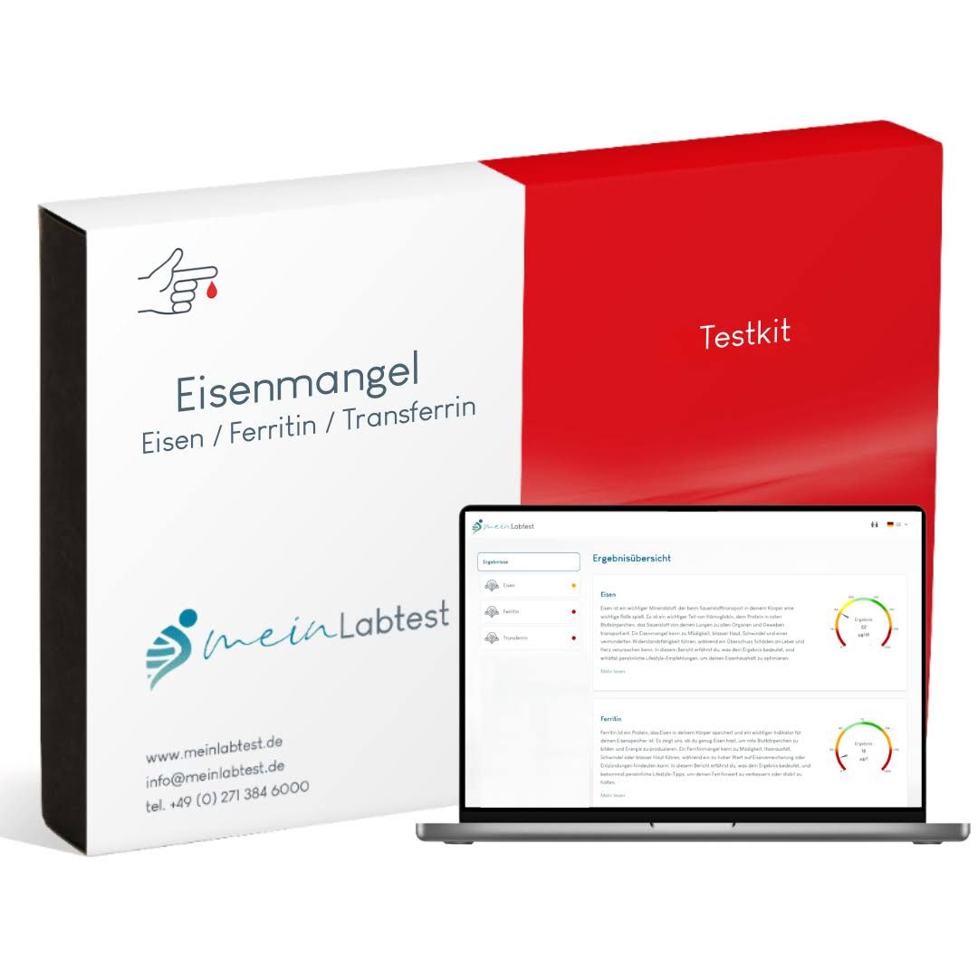 Weiß-roter Karton mit Aufdruck. Text: Eisenmangel, meinLabtest, Testkit. Laptop mit Testergebnissen.