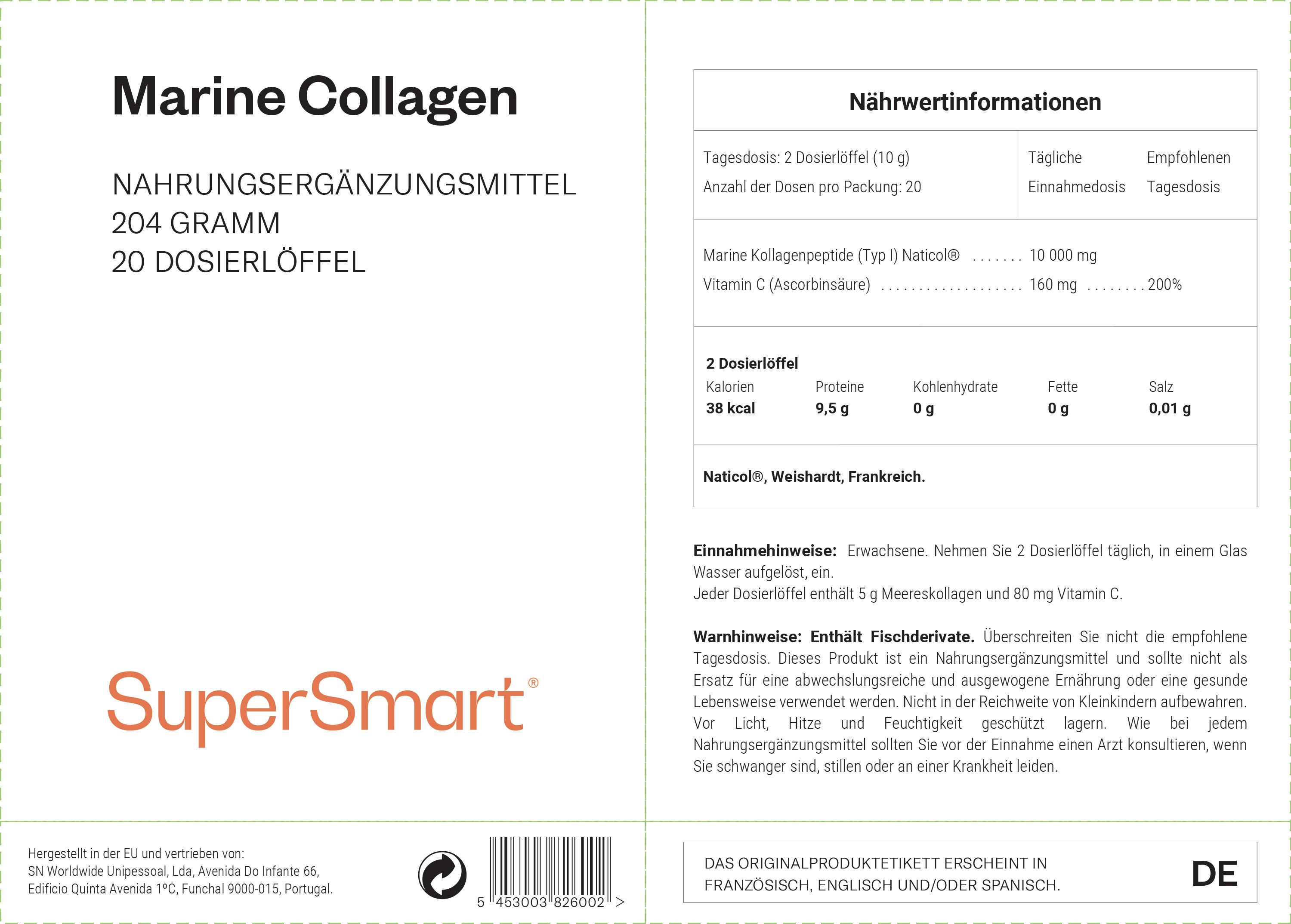 Etikett mit Informationen zu Marine Collagen. Aufschrift: 204 Gramm, 20 Dosierlöffel. Marke: SuperSmart. Nährwertangaben.