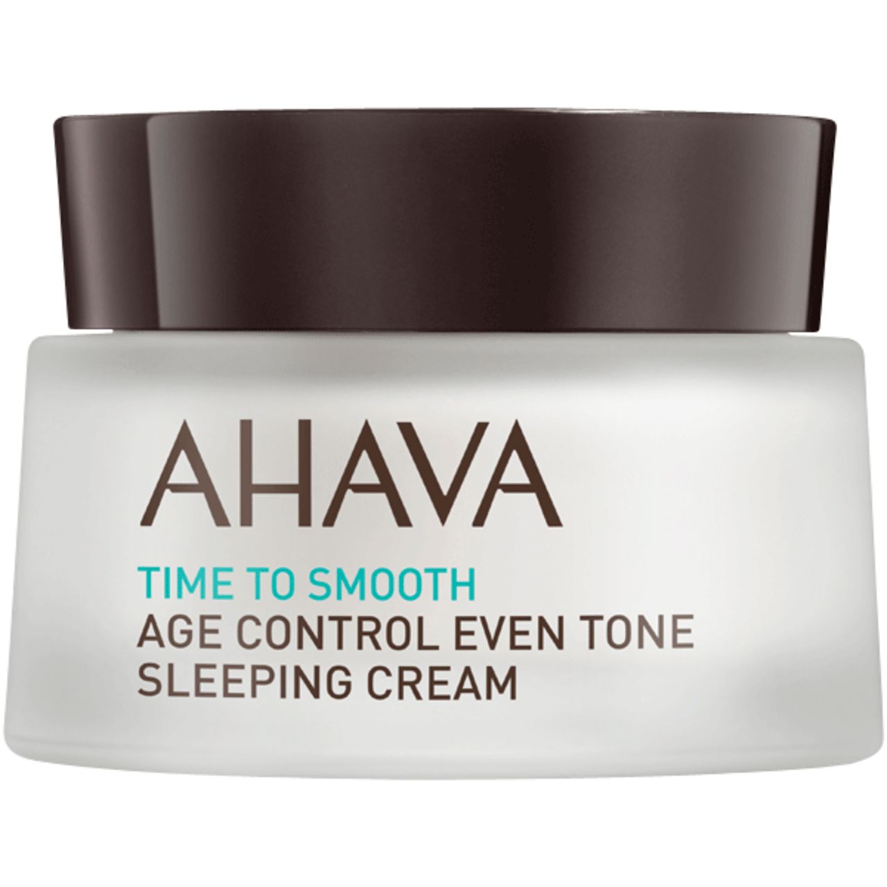 Creme-Tiegel mit braunem Deckel. Aufschrift: AHAVA, Time to Smooth, Age Control Even Tone Sleeping Cream.