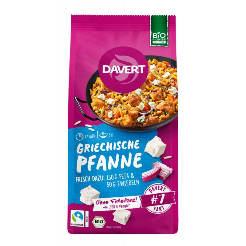 Verpackung von Davert Griechische Pfanne. Pinke Verpackung mit Produktabbildung. Bio-Siegel und Fairtrade-Logo.