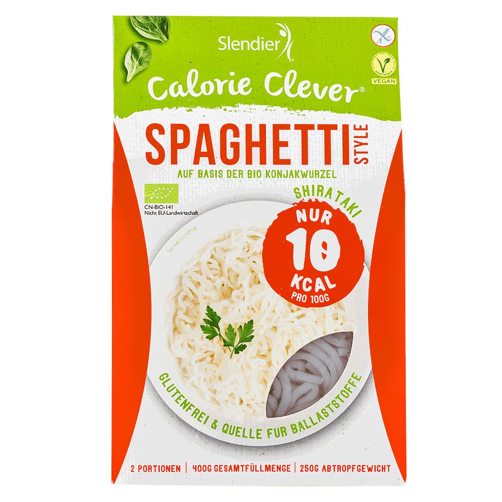 Verpackung mit Spaghetti-Nudeln. Aufschrift: "Calorie Clever", "Spaghetti Style", "Nur 10 kcal pro 100g". Glutenfrei und vegan.