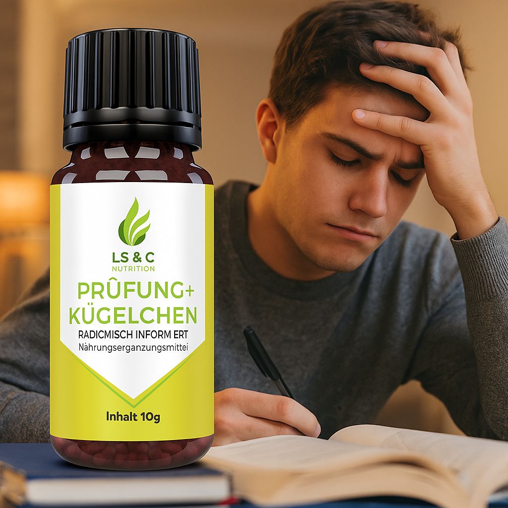 Braune Flasche "Prüfung+ Kügelchen" neben Mann, der sich am Kopf hält. Gelbes Etikett mit "LS & C Nutrition".