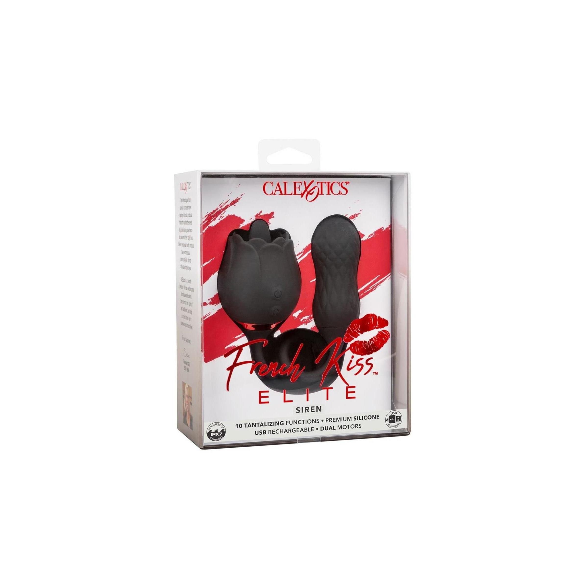 Schwarzes Wellness-Produkt in Verpackung. Aufschrift "French Kiss Elite Siren" und "CalExotics".