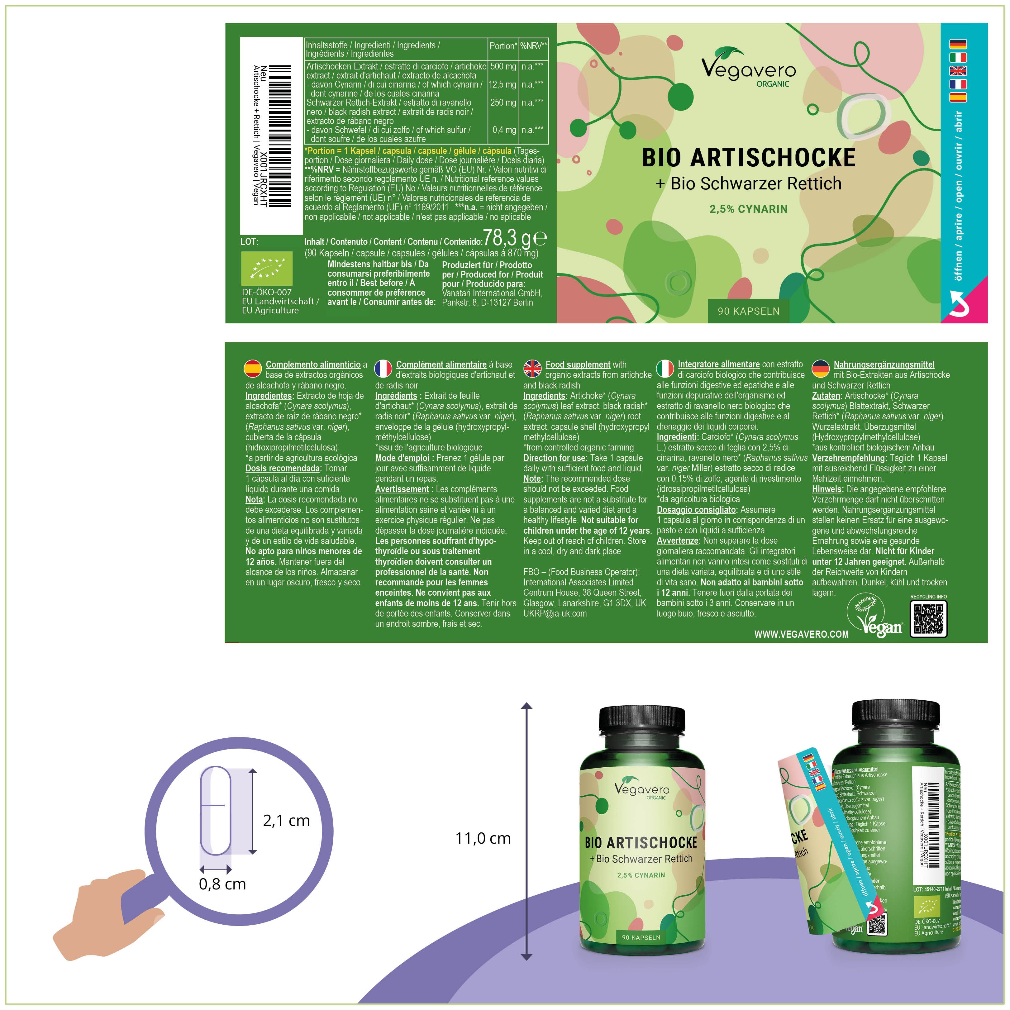 Produktverpackung mit Flasche und Beipackzettel. Maße: 11,0 cm hoch, Kapsel 2,1 x 0,8 cm. Text: BIO ARTISCHOCKE + Schwarzer Rettich.