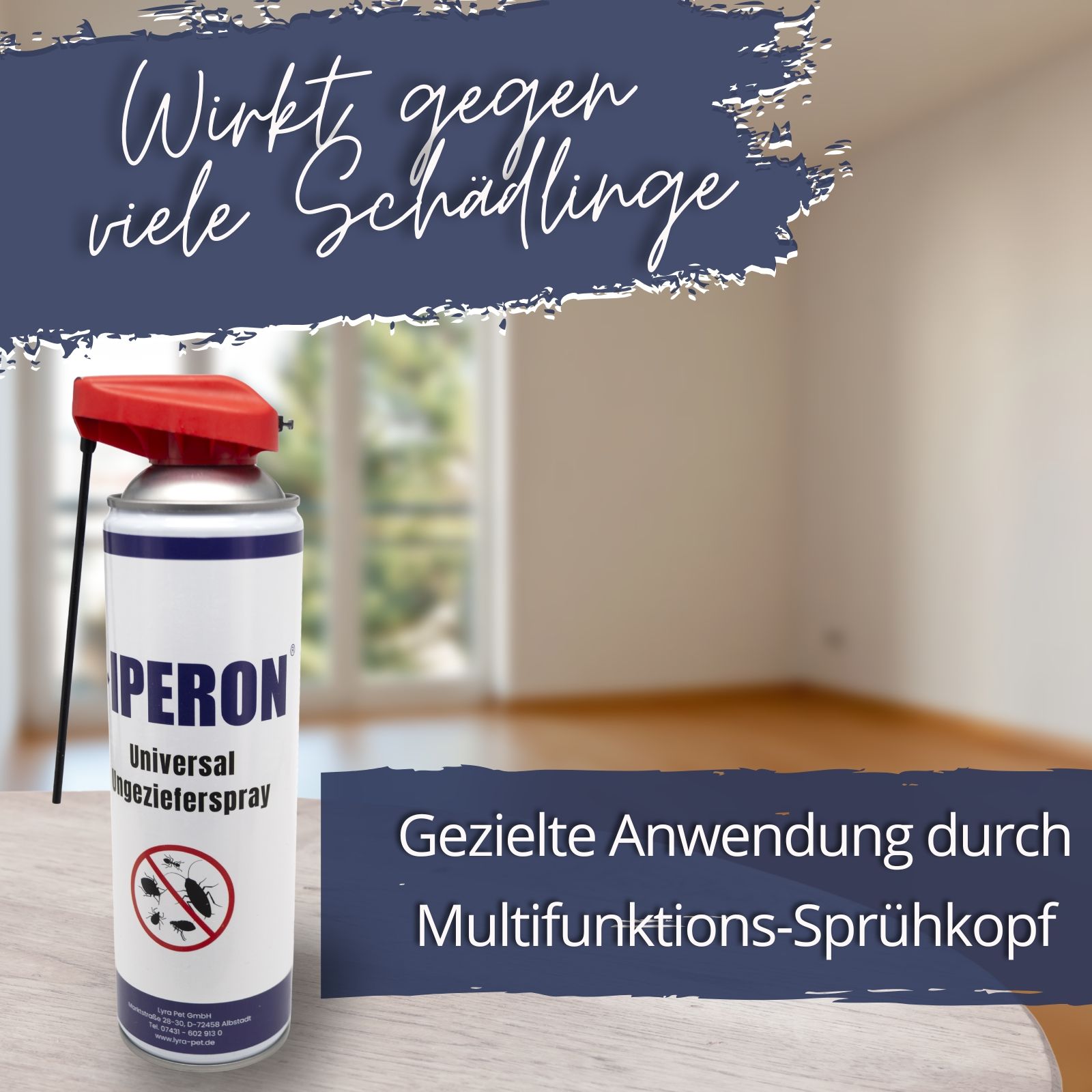 IPERON Universal Ungeziefer-Spray Dose mit Text 'Gezielte Anwendung durch Multifunktions-Sprühkopf'.