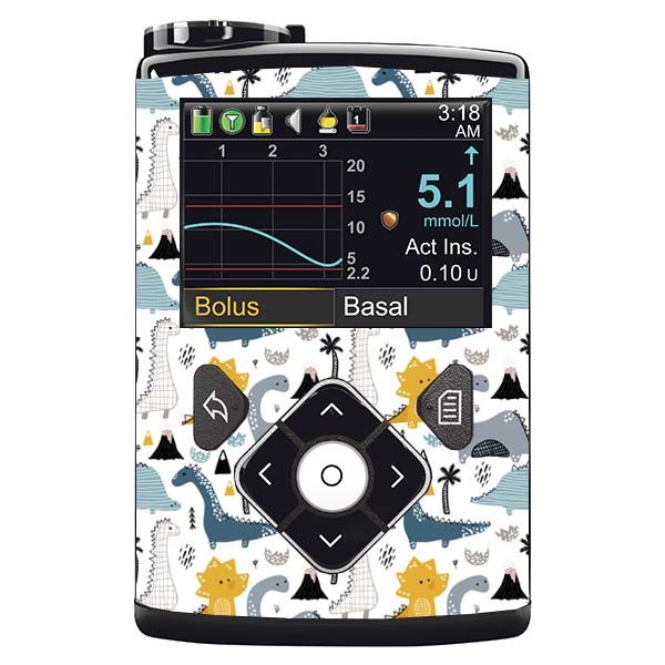 Gerät mit Dino-Muster. Display mit Messwerten. Schwarze Bedienelemente. Dino-Muster auf weißem Hintergrund.