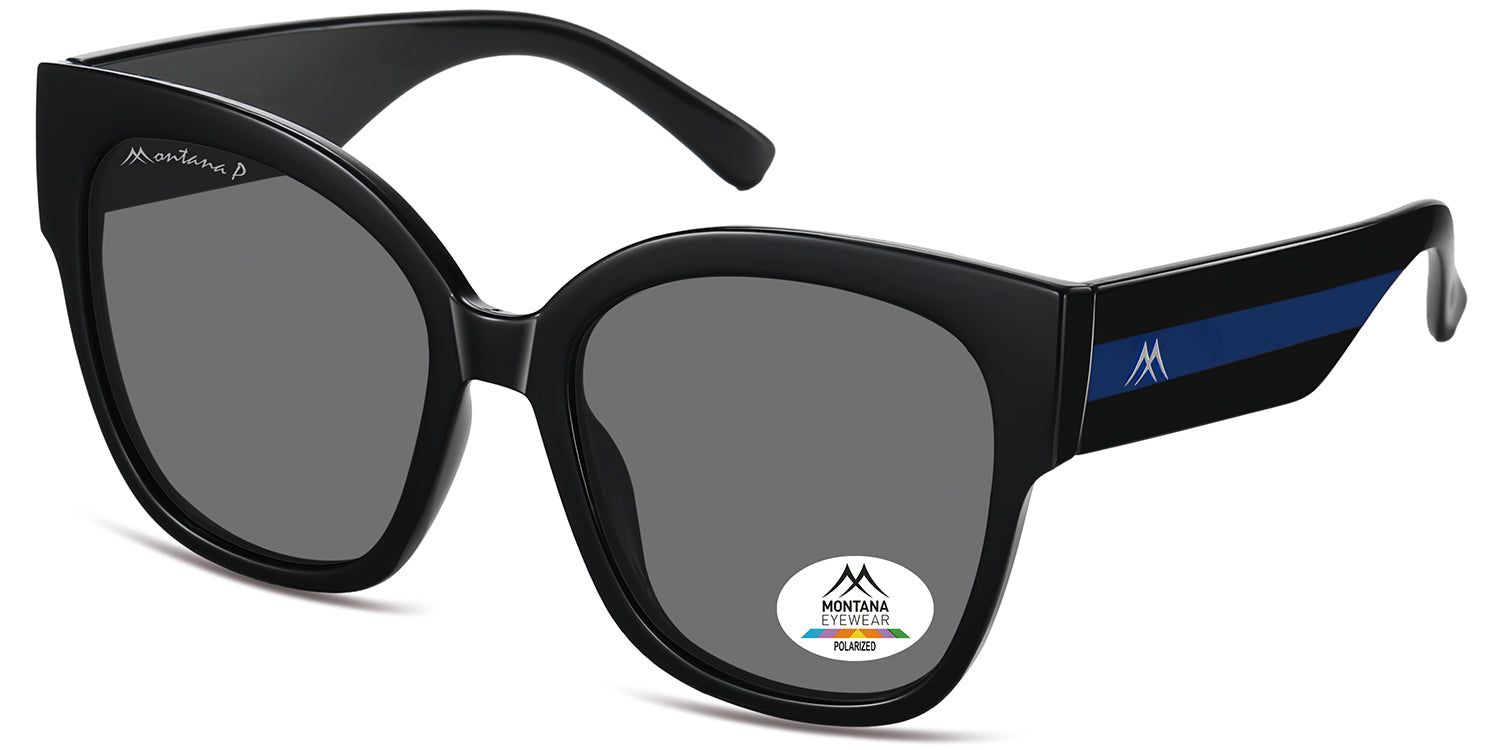 Schwarze Sonnenbrille mit grauen Gläsern. Montana Eyewear Logo auf dem linken Bügel. Polarisiertes Logo auf dem rechten Glas.