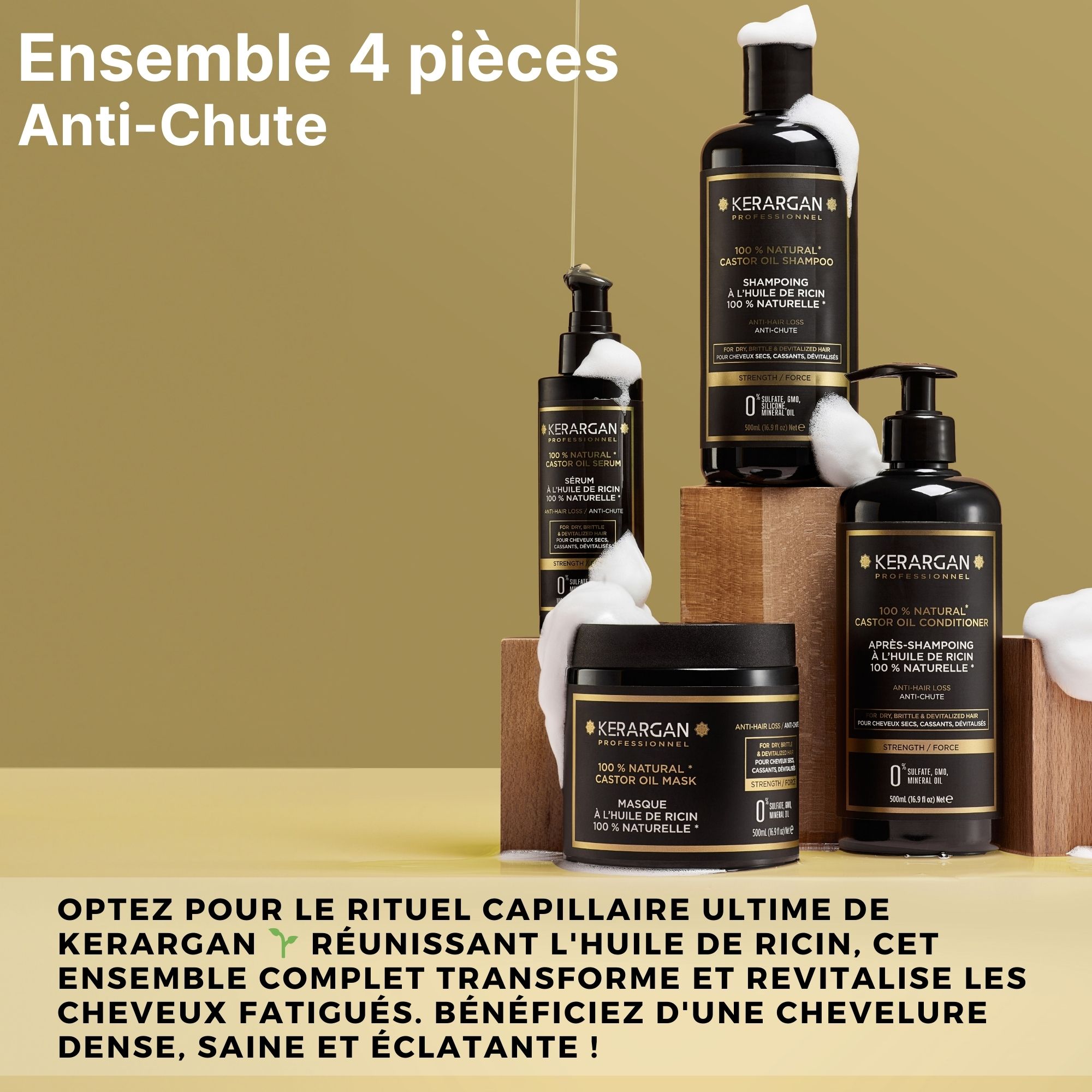 Quatre produits Kerargan. Flacons et pot noirs. Texte : Kerargan. Mousse.