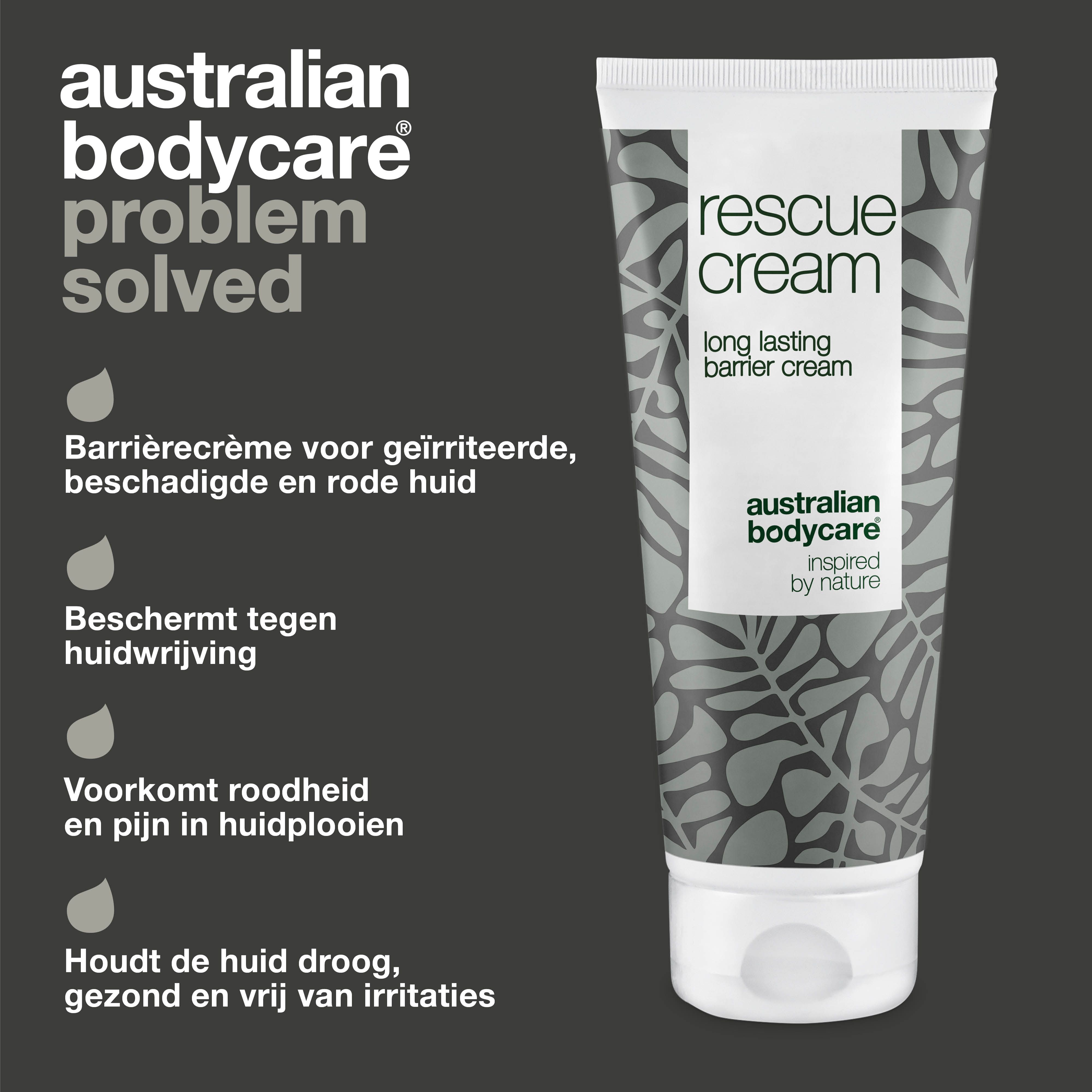 Tube crème en tekst. Opschrift: rescue cream, long lasting barrier cream. Merk: Australian Bodycare.