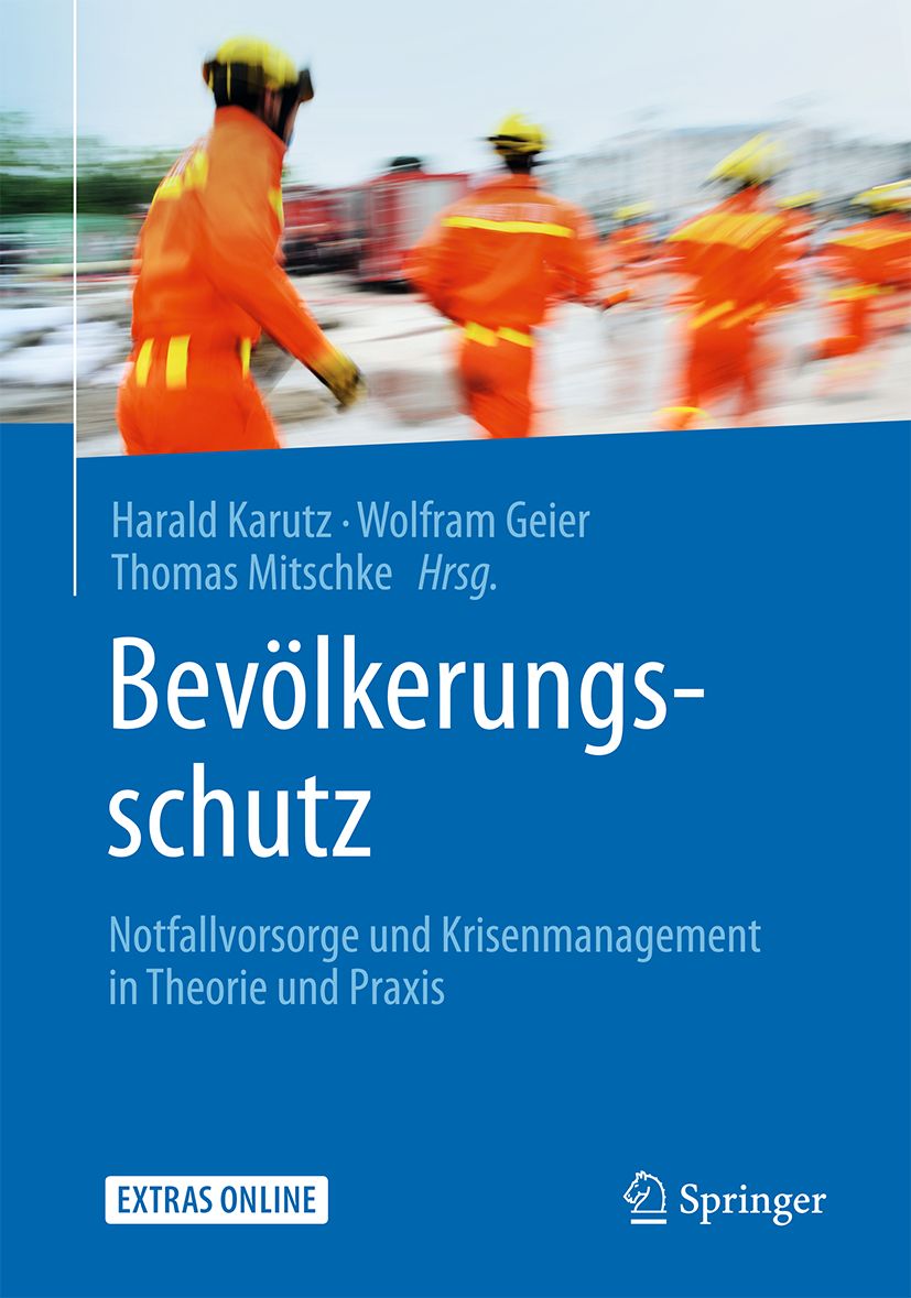 Buchcover: "Bevölkerungsschutz". Autoren: Karutz, Geier, Mitschke. Springer-Logo. Blaue Schrift auf blauem Hintergrund. Personen im Hintergrund.