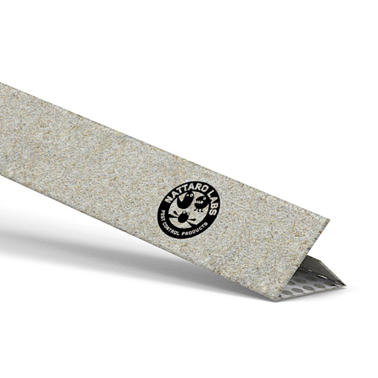 Eckband mit Logo. Graues Material, gefaltet. Logo mit Text: Nattaro Labs Pest Control Products.