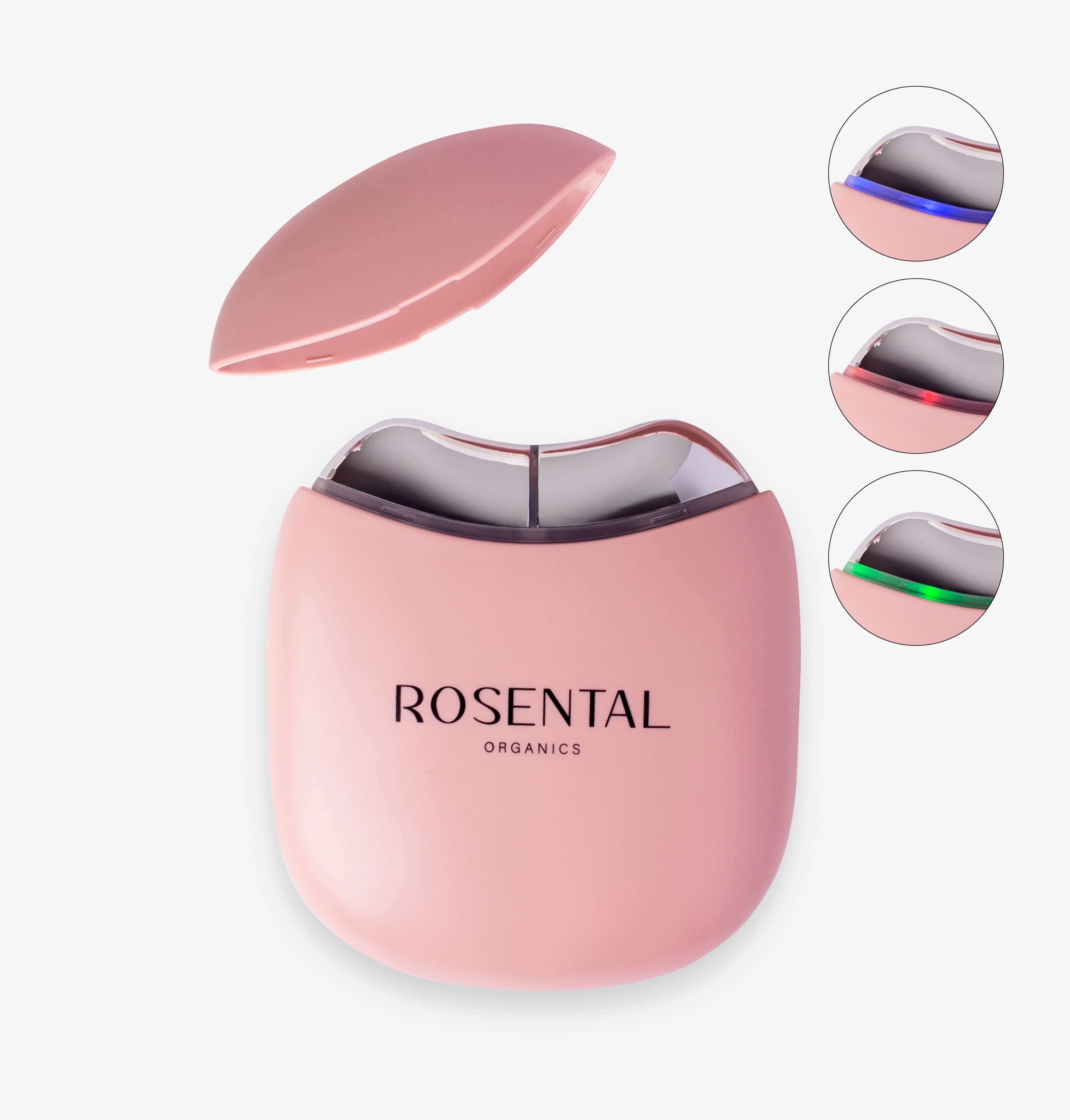 Rosa Gua Sha mit silbernen Elementen. Oben ein abnehmbares Teil. Rosental Organics Logo. Drei Kreise zeigen Lichtfarben.