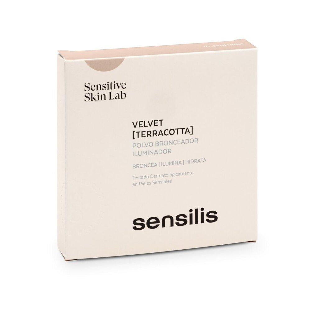 Kartonverpackung, weiß mit Text. Enthält Sensilis Velvet Terracota. Text: Bronzer, Illuminator, Hydratation. Marke Sensilis.
