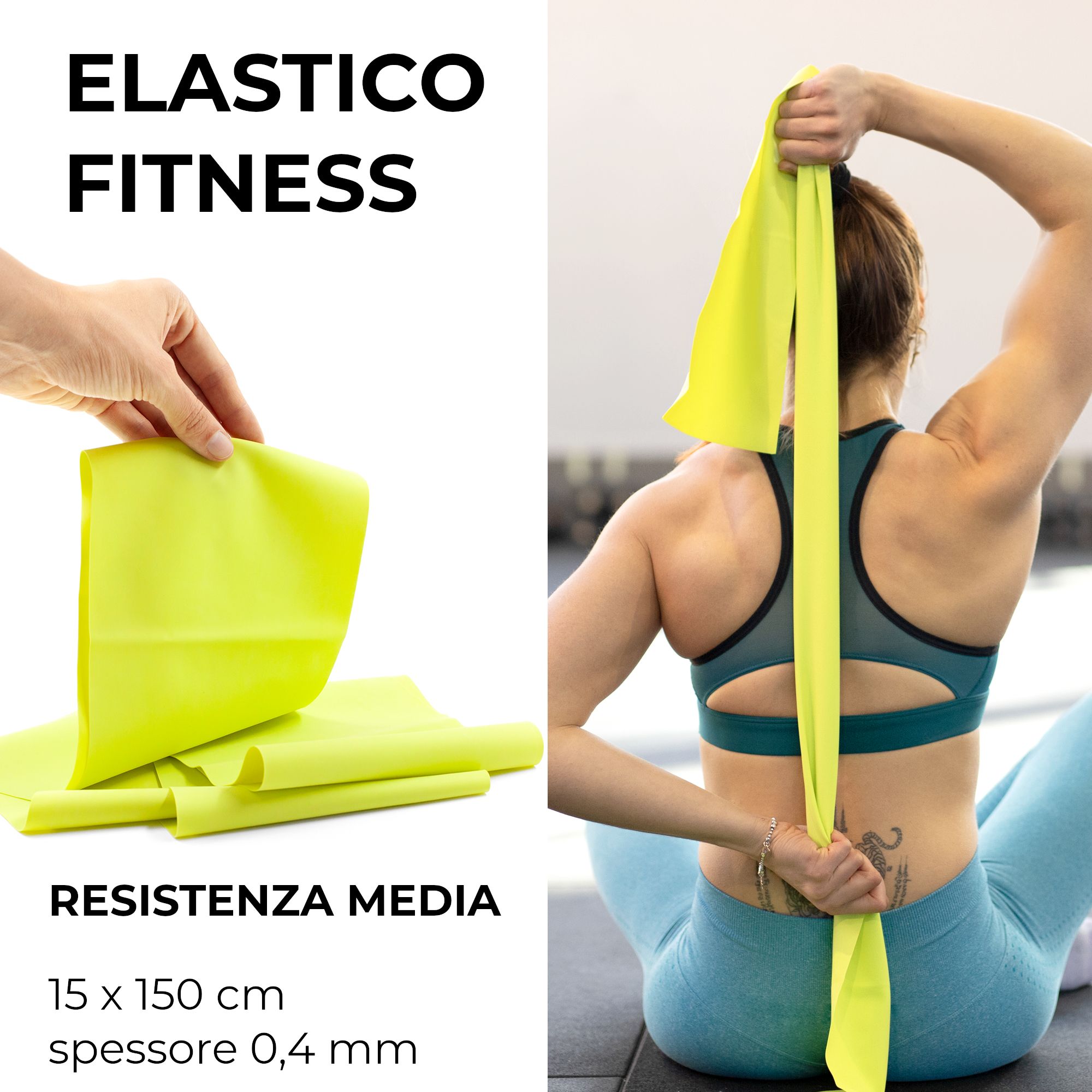 Fitness-Band 15x150 cm, gezeigt in der Hand und von einer Frau genutzt.