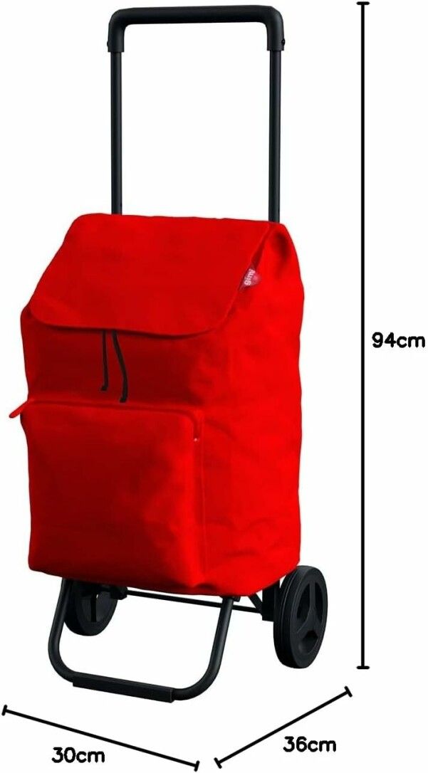Roter Einkaufstrolley mit schwarzem Gestell. Abmessungen: 30x36x94cm. Mit Deckel und Vordertasche.