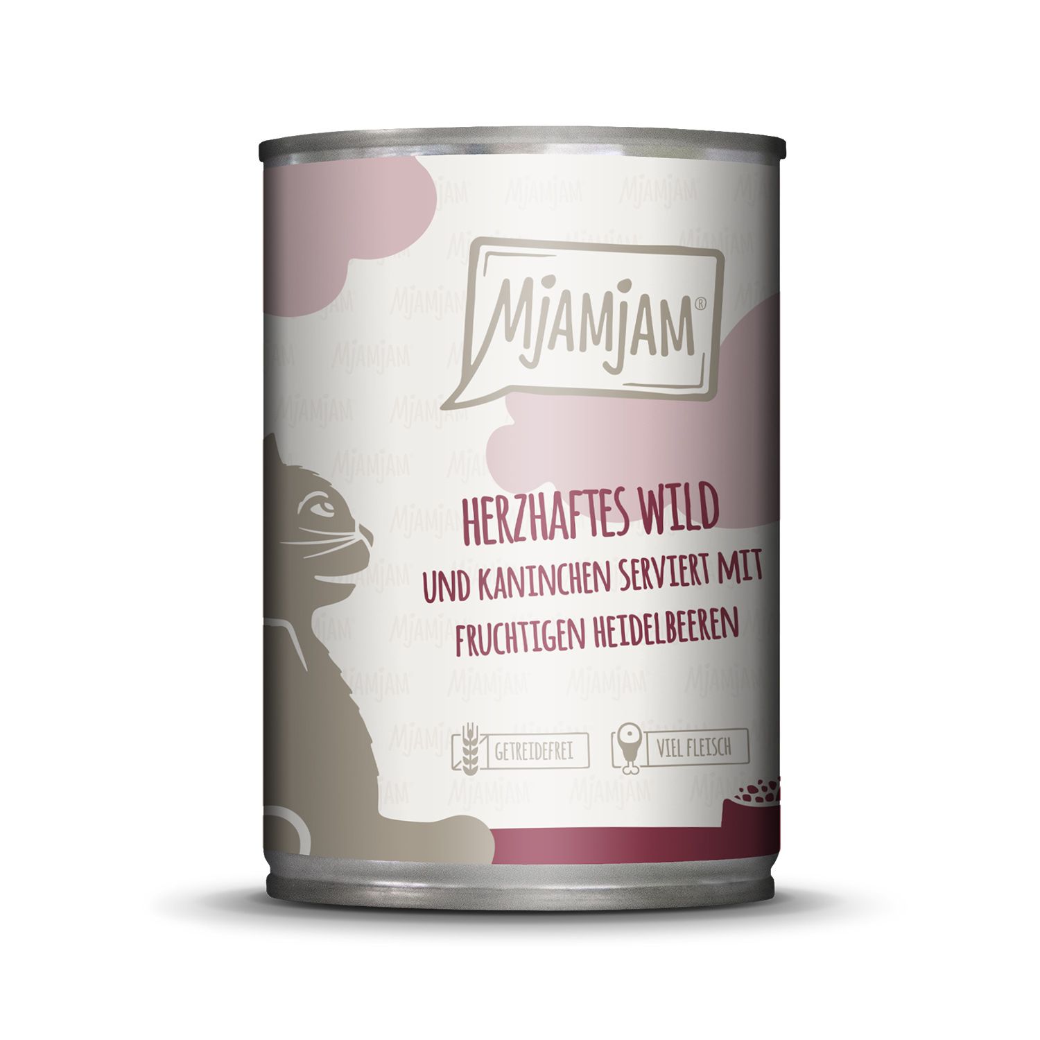 Mjamjam Katzenfutter-Dose: Herzhaftes Wild und Kaninchen mit Heidelbeeren. Getreidefrei, viel Fleisch.