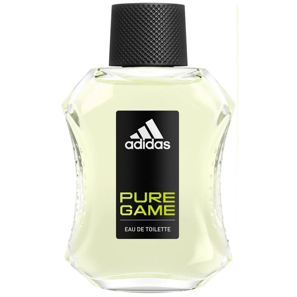 Adidas Pure Game Eau de Toilette Flakon. Schwarzer Deckel, transparente Flasche mit schwarzem Etikett und Produktnamen.