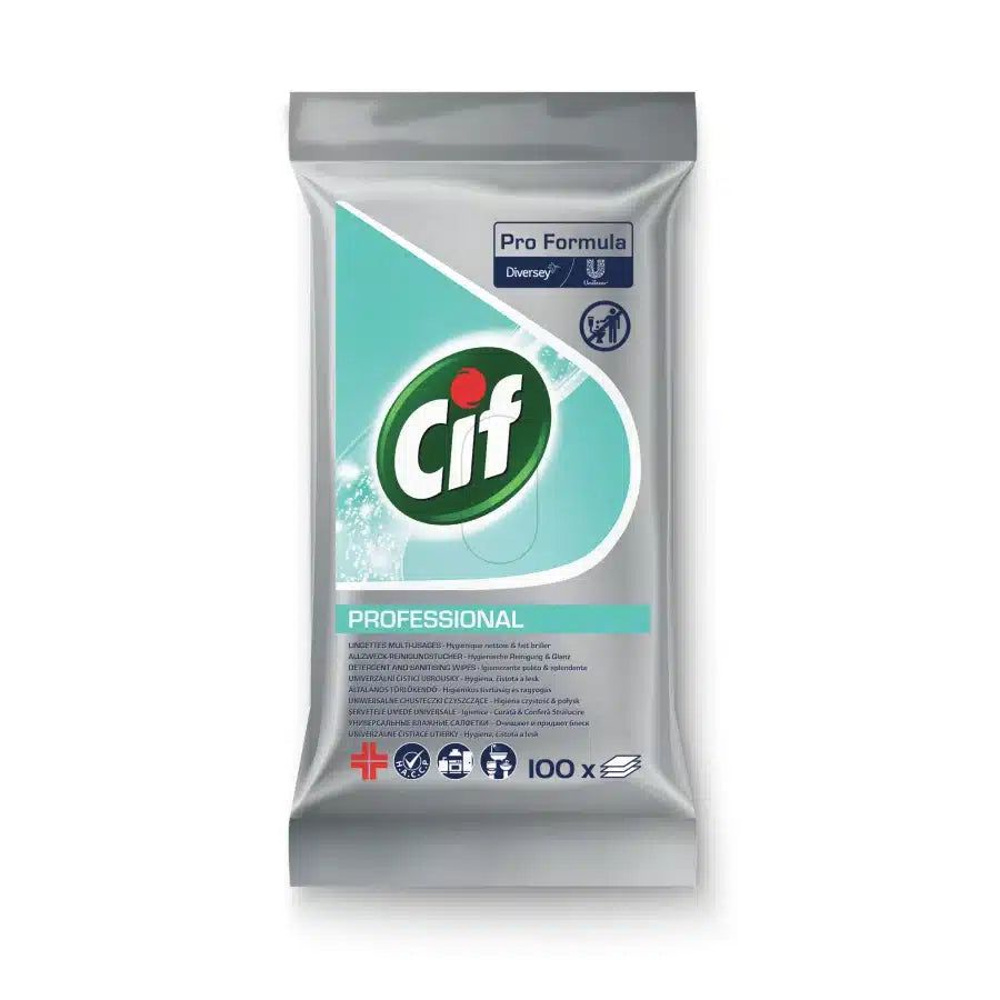 Reinigungstücher-Packung. Silberne Verpackung mit Cif-Logo und "Professional"-Schriftzug. Enthält 100 Tücher.
