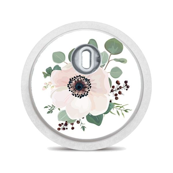 Runder Aufkleber mit floralem Design. Weiße Umrandung, Blumenmuster mit Anemone und Eukalyptusblättern.