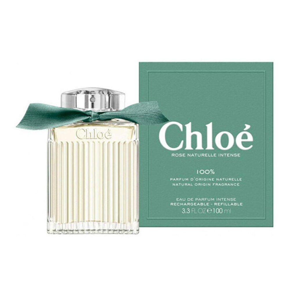 Chloé-Parfümflakon mit Verpackung. Flakon mit grünem Band. Rechteckige Form. Grüne Verpackung mit Produktinformationen.