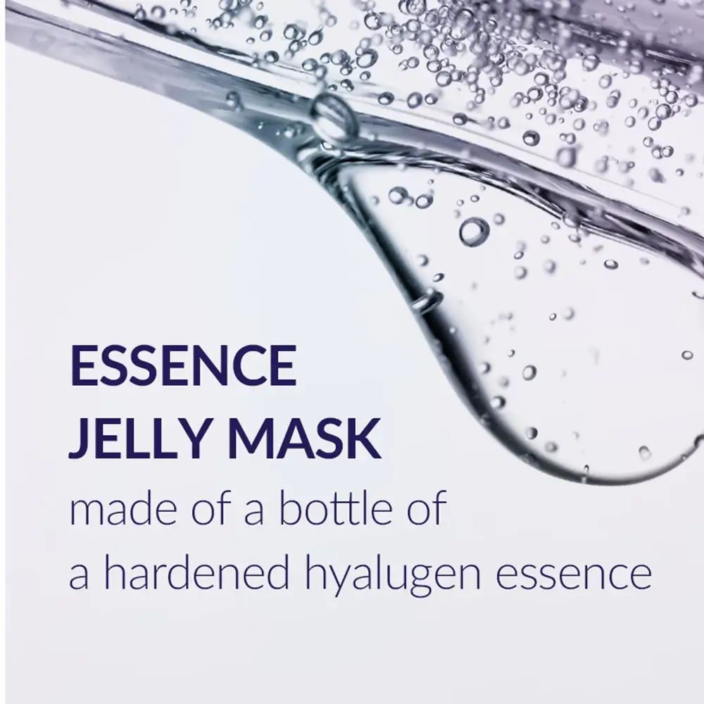 Text: ESSENCE JELLY MASK, made of a bottle of a hardened hyalugen essence. Flüssigkeit mit Blasen.