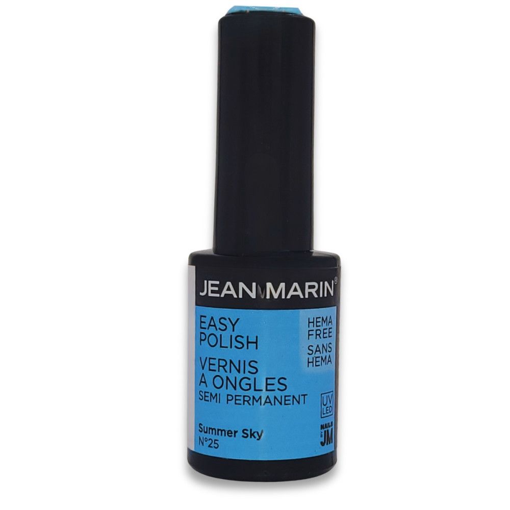 Nagellackflasche von Jean Marin. Blaues Etikett mit Text: Easy Polish, Vernis à Ongles, Semi Permanent. HEMA-frei. Farbton: Summer Sky.