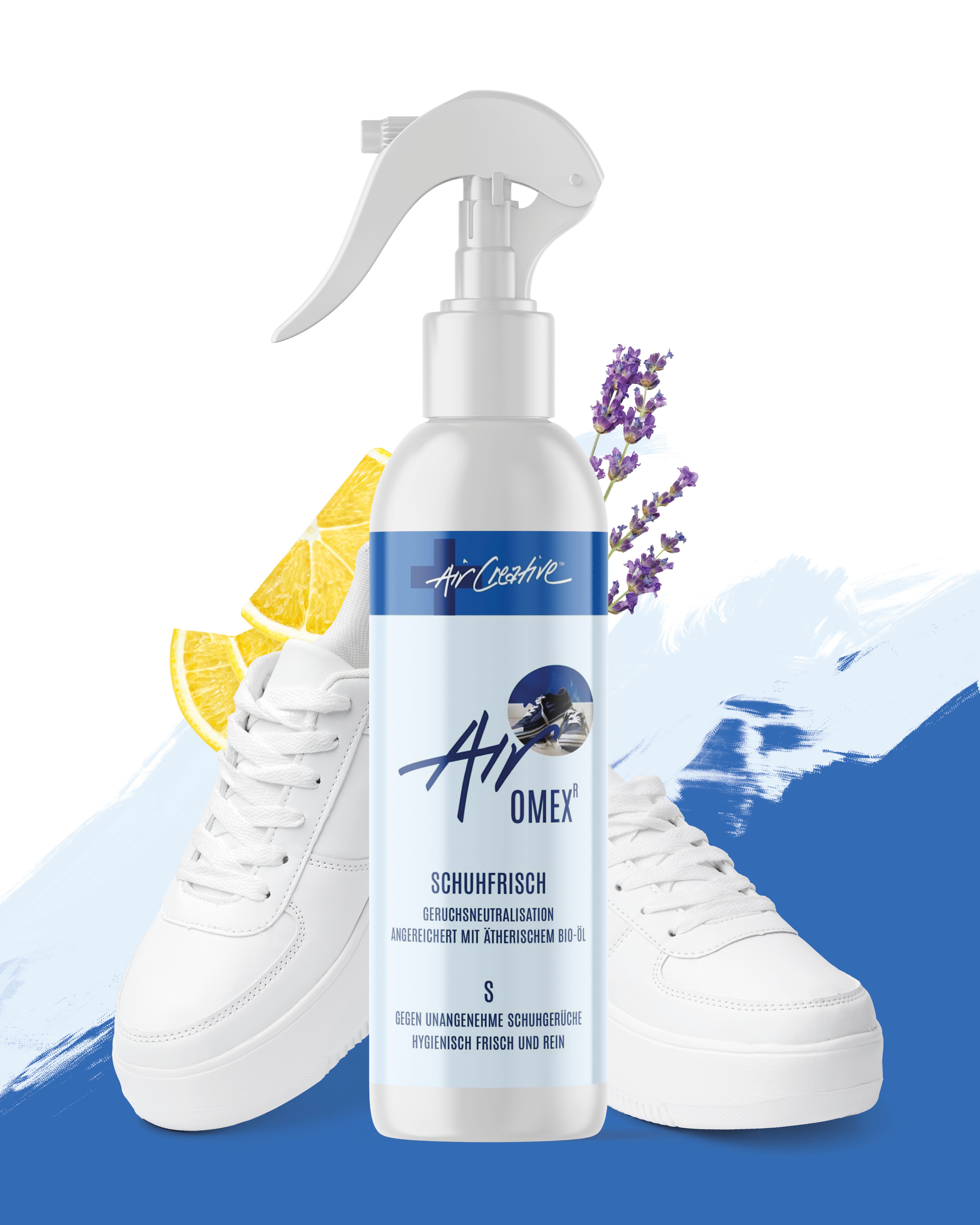 Weißes Spray mit Produktnamen und weißen Schuhen. Aufschrift: Air Creative, Airomex, Schuhfrisch. Gegen unangenehme Gerüche. Mit ätherischem Bio-Öl.