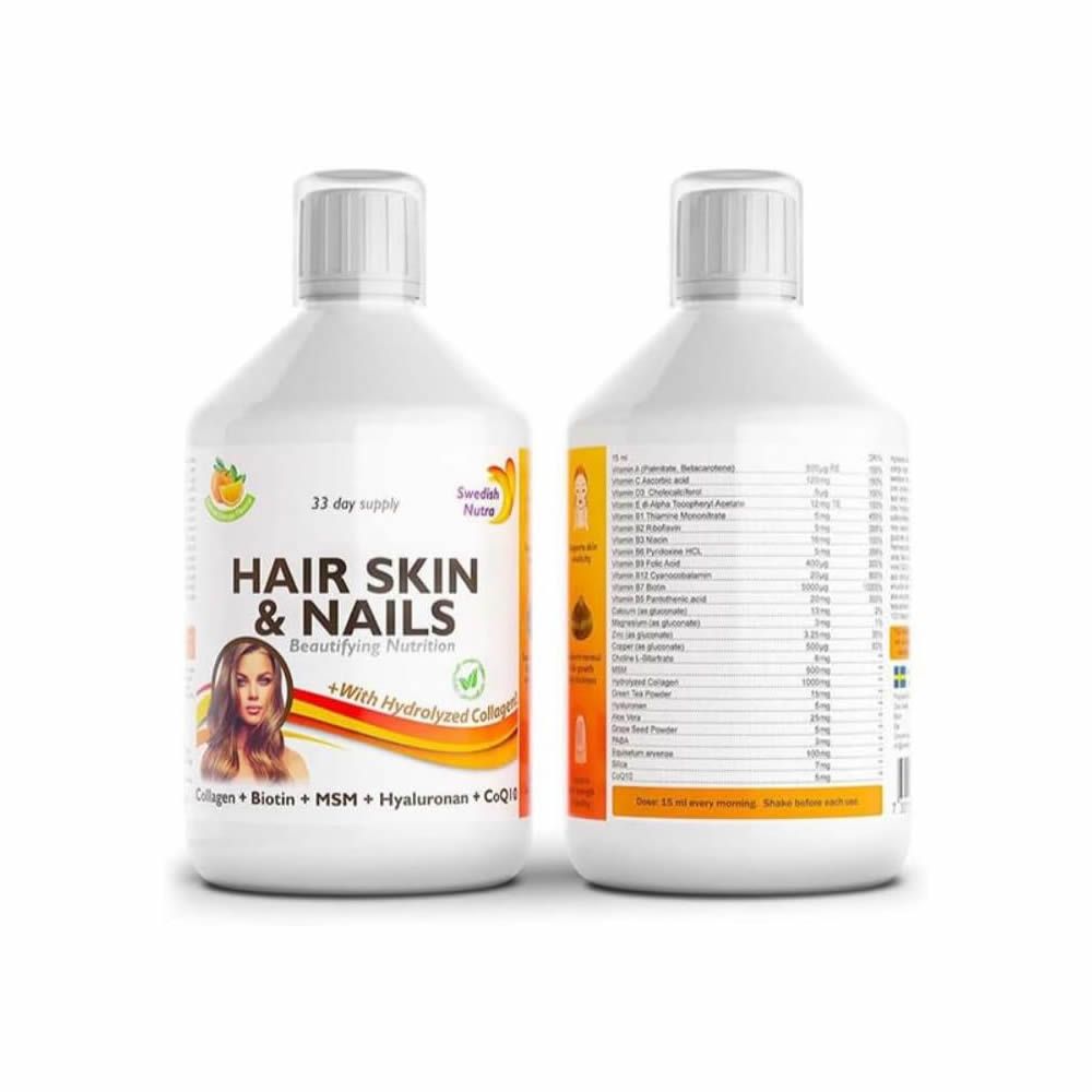 Zwei Flaschen Swedish Nutra HAIR SKIN & NAILS. Aufschrift: Collagen, Biotin, MSM, Hyaluronan, CoQ10. Mit hydrolysiertem Kollagen.