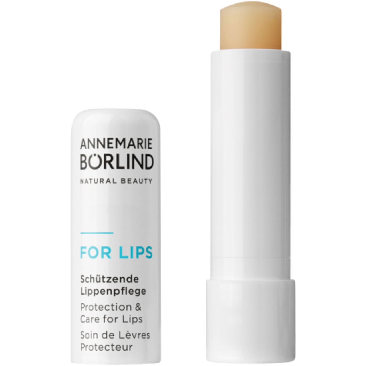 Weißer Lippenpflegestift. Marke: ANNEMARIE BÖRLIND FOR LIPS. Text: FOR LIPS, Schützende Lippenpflege.