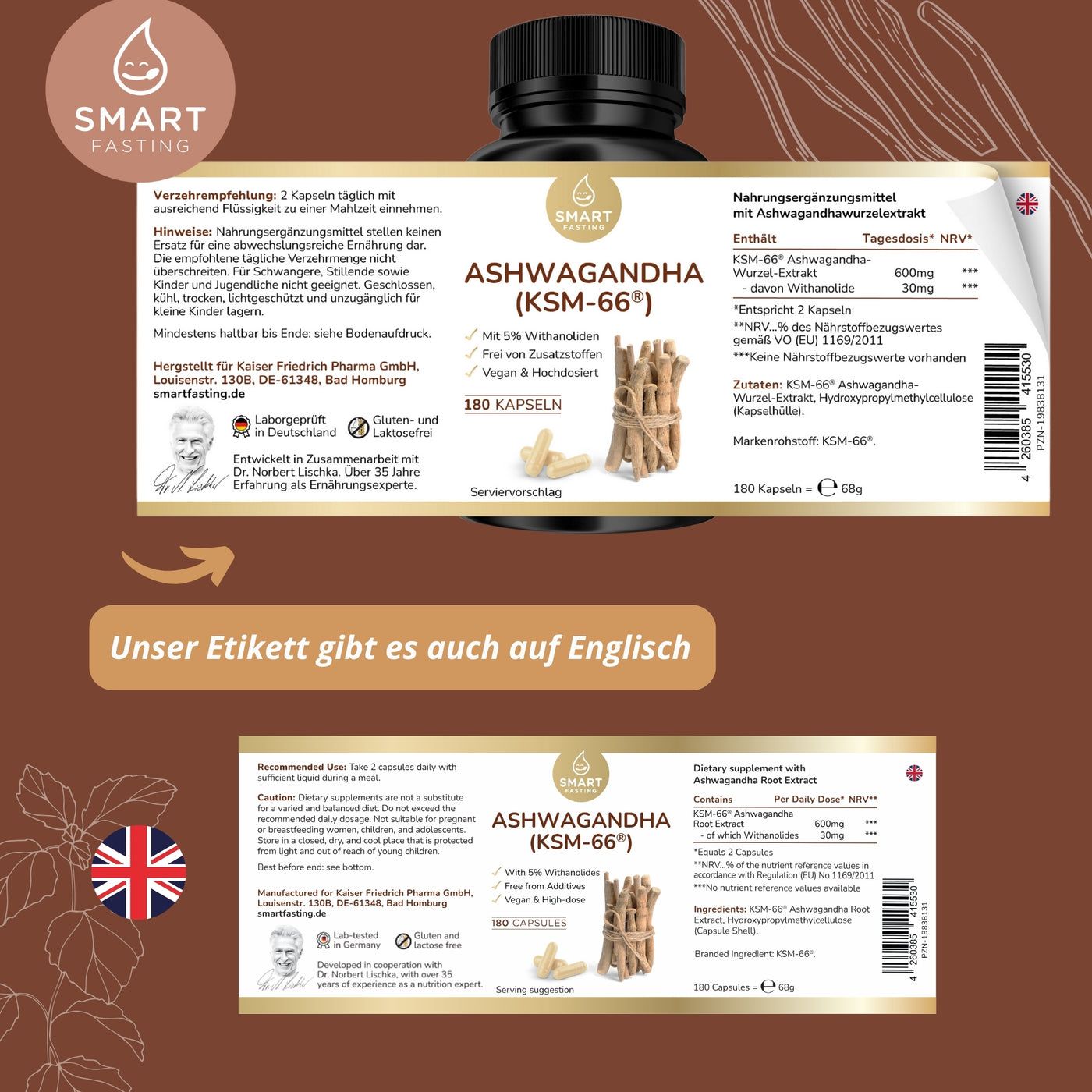 Produktetikett mit Ashwagandha (KSM-66®). Nährwertangaben und Inhaltsstoffe. Zweites Etikett auf Englisch.