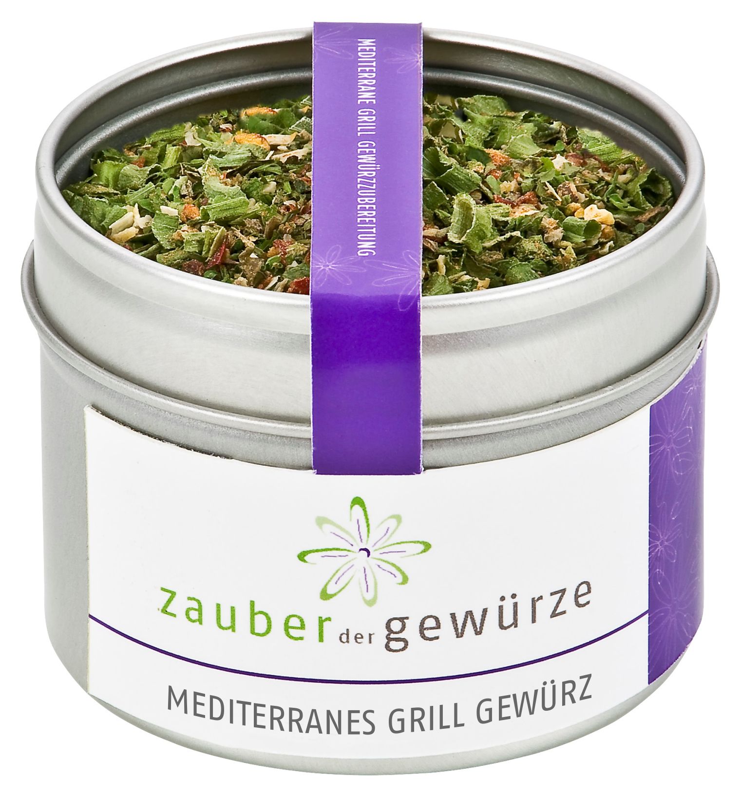 Runde Dose mit mediterranen Grillgewürzen. Violettes Etikett mit Produktnamen und Logo. Offene Dose mit Gewürzmischung.