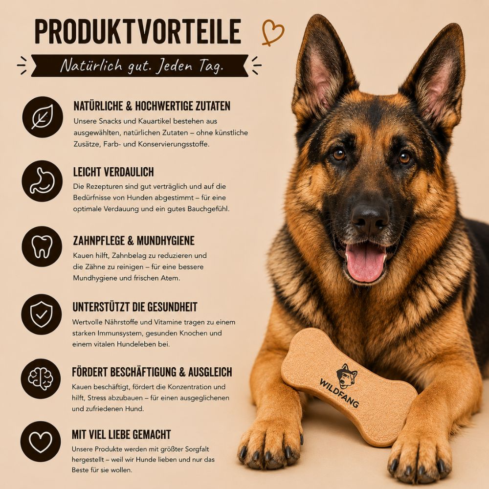 Deutscher Schäferhund neben einem Wildfang Kauknochen mit Logo.