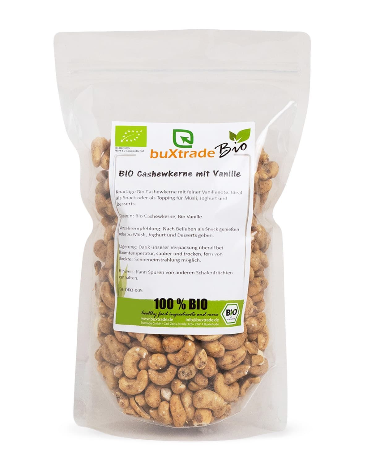 Biuxtrade Bio Cashewkerne mit Vanille in transparenter Verpackung. 100% Bio-Siegel.