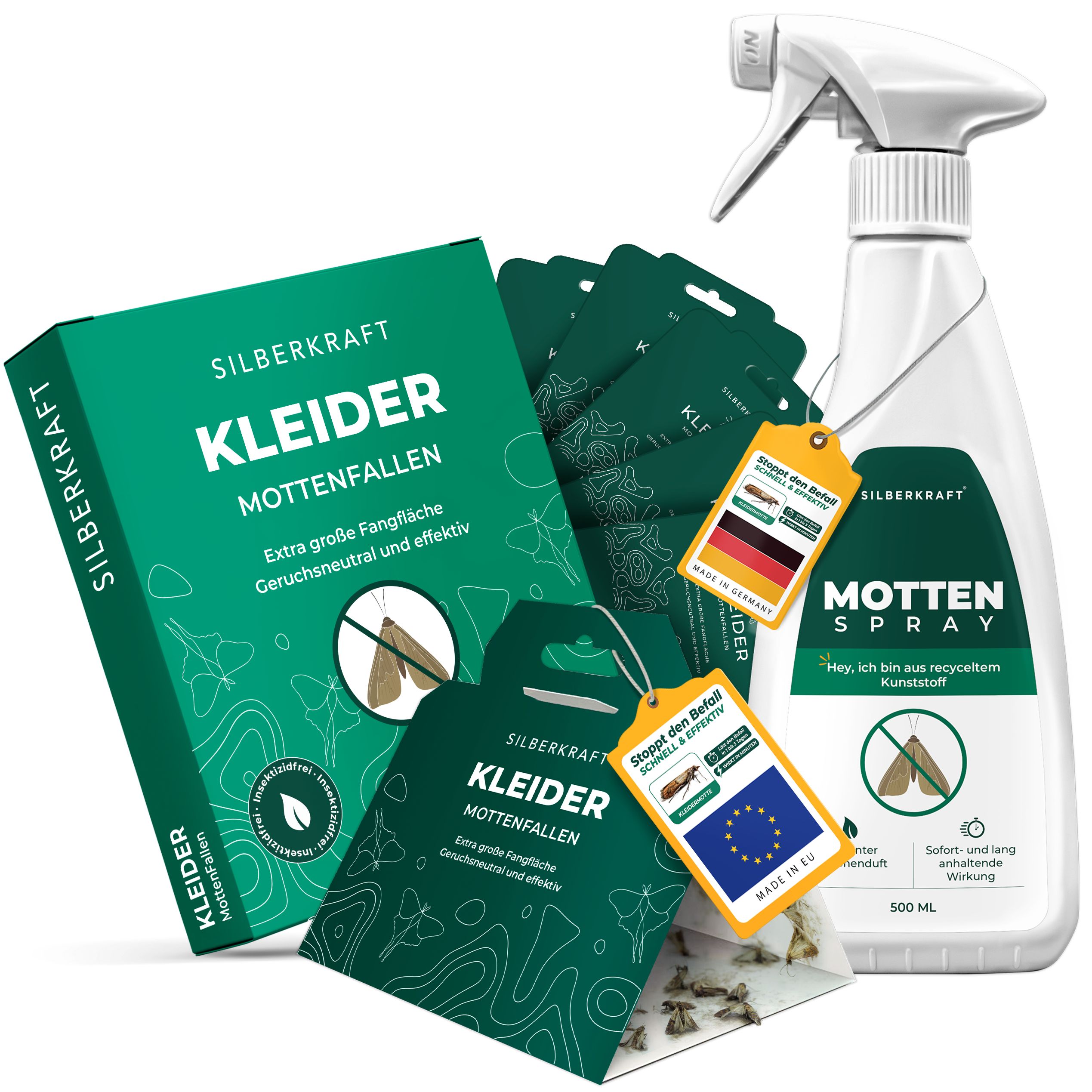 SILBERKRAFT Mottenfrei Set. Enthält Kleidermottenfallen, Motten Spray und Anhänger. Verpackung in Grün und Weiß. Aufdrucke mit Produktnamen und Logos.