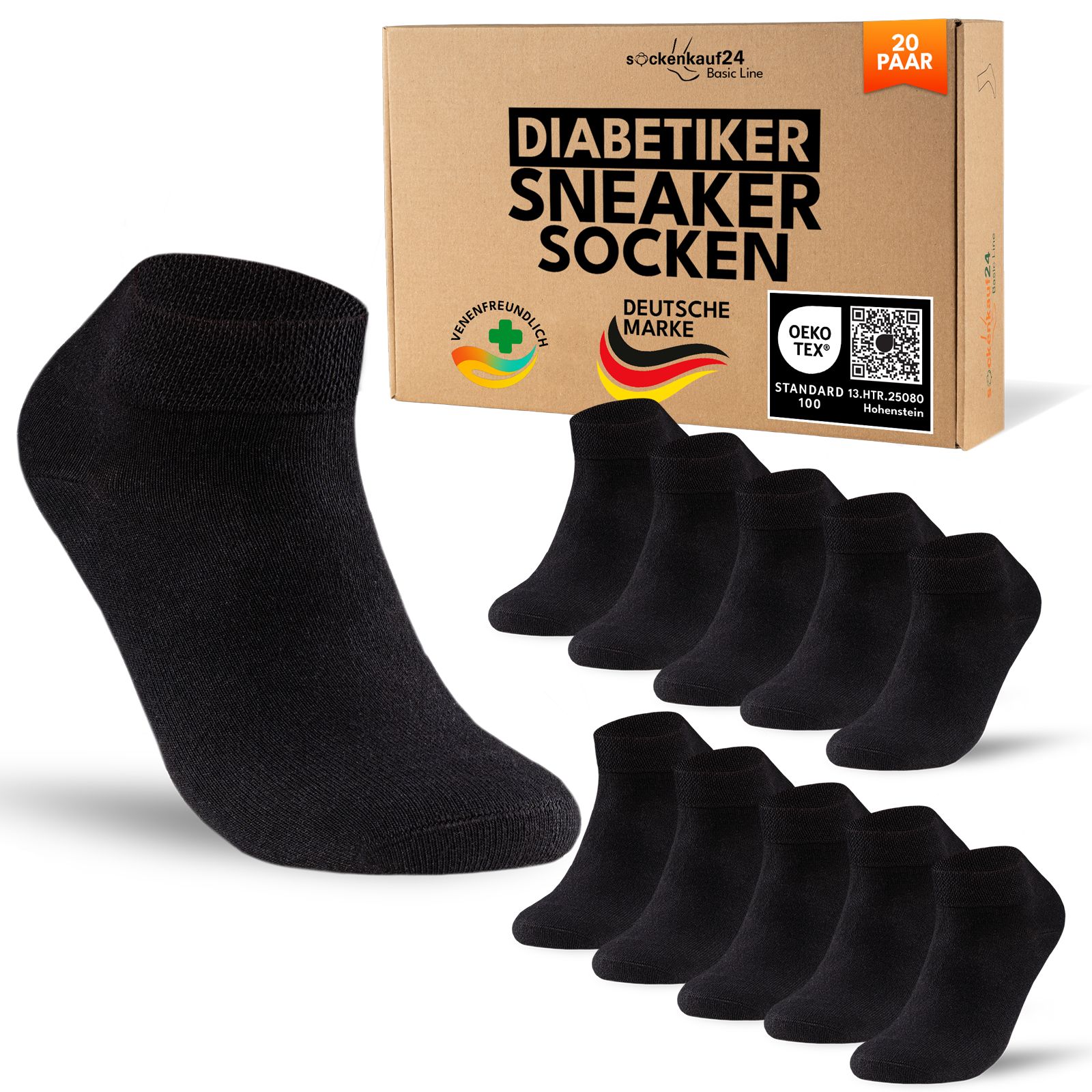 Diabetiker Sneaker Socken mit Komfortbund ohne Gummi & Naht für Damen und Herren 20 Pk