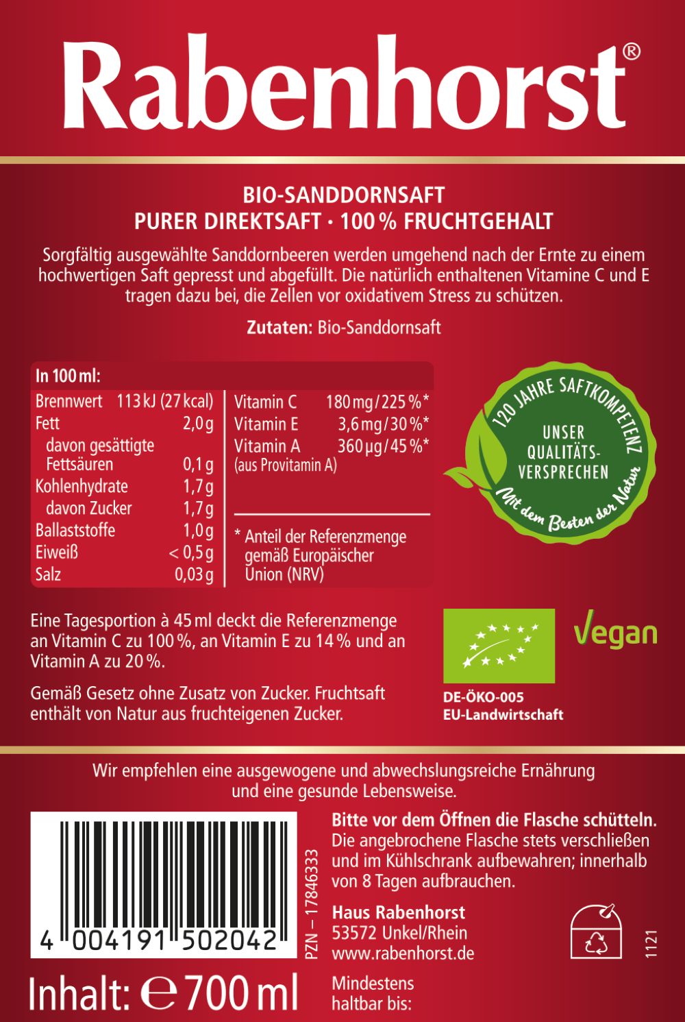 Rabenhorst Sanddorn Muttersaft BIO 6x700 ml Saft