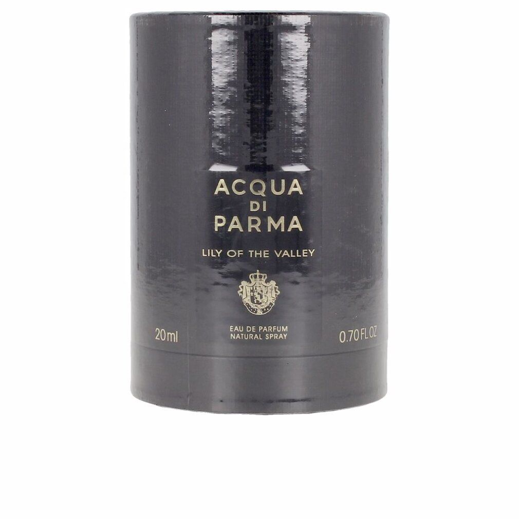 Schwarze zylindrische Verpackung. Aufschrift: Acqua Di Parma, Lily Of The Valley, Eau de Parfum Natural Spray. Volumen: 20ml/0.70 fl oz.