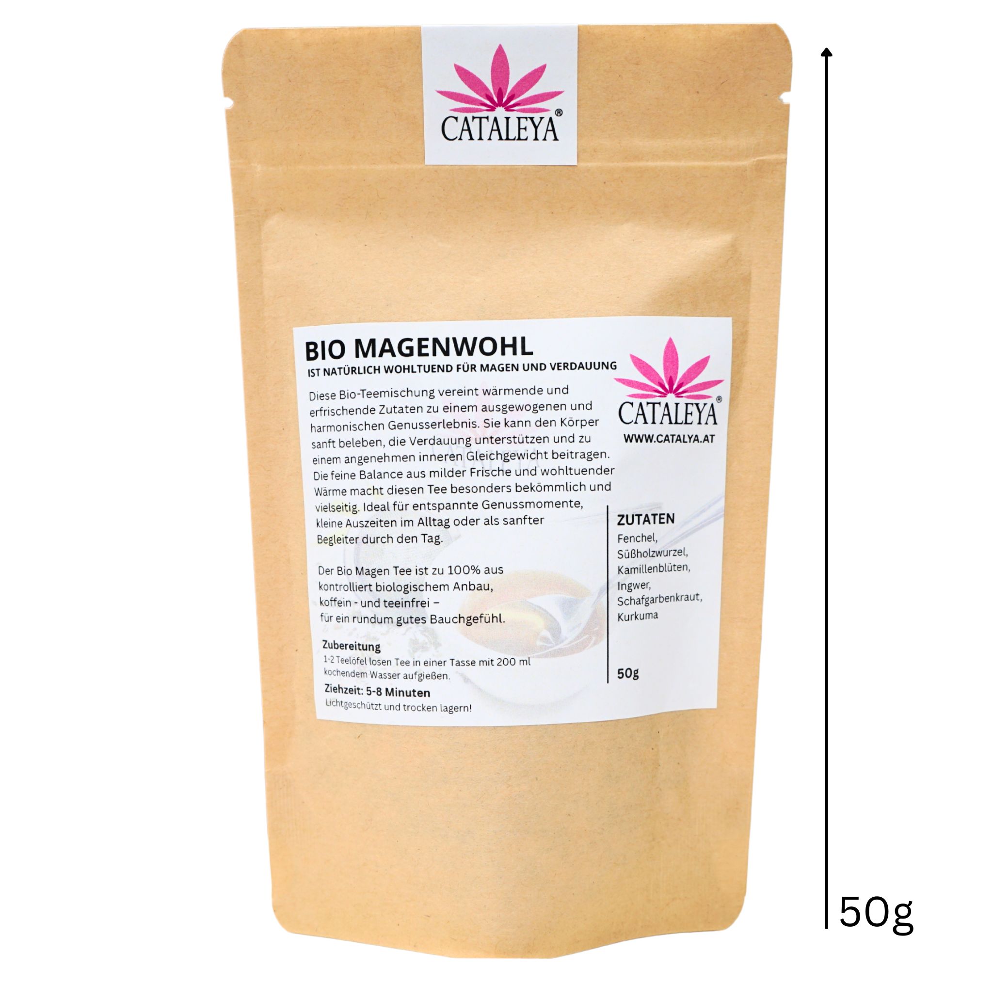 Eine braune Papiertüte mit der Aufschrift 'BIO MAGENWOHL' und Kräutermischung. Die Tüte ist 50g schwer.