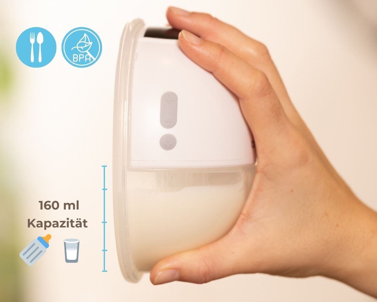 Emy Pump in Hand. Weiße, ovale Form. Text: 160 ml Kapazität. BPA-frei. Symbole: Löffel, Gabel, Flasche, Glas.