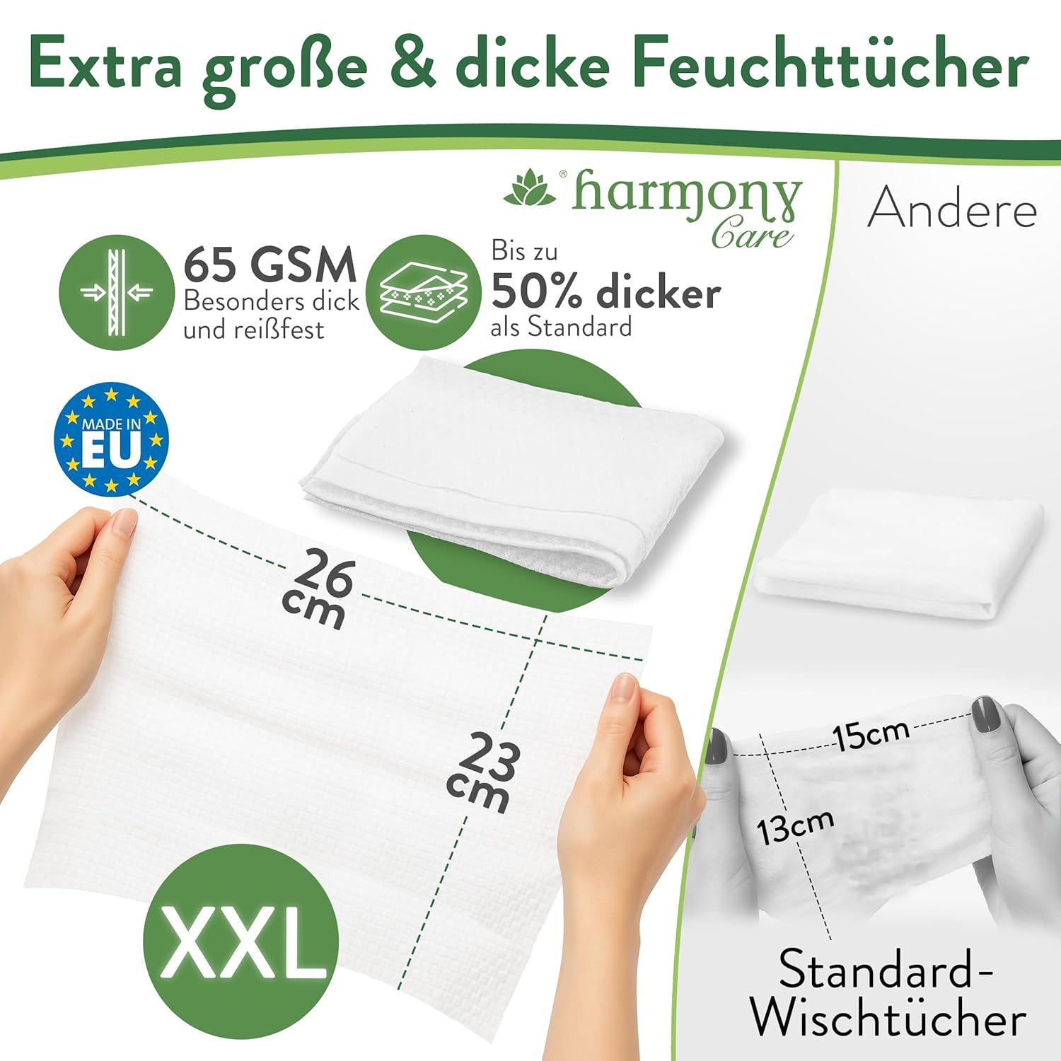 Weiße Feuchttücher, 26x23 cm, neben kleinerem Tuch, 15x13 cm. Text: Extra große & dicke Feuchttücher, 65 GSM, bis zu 50% dicker.