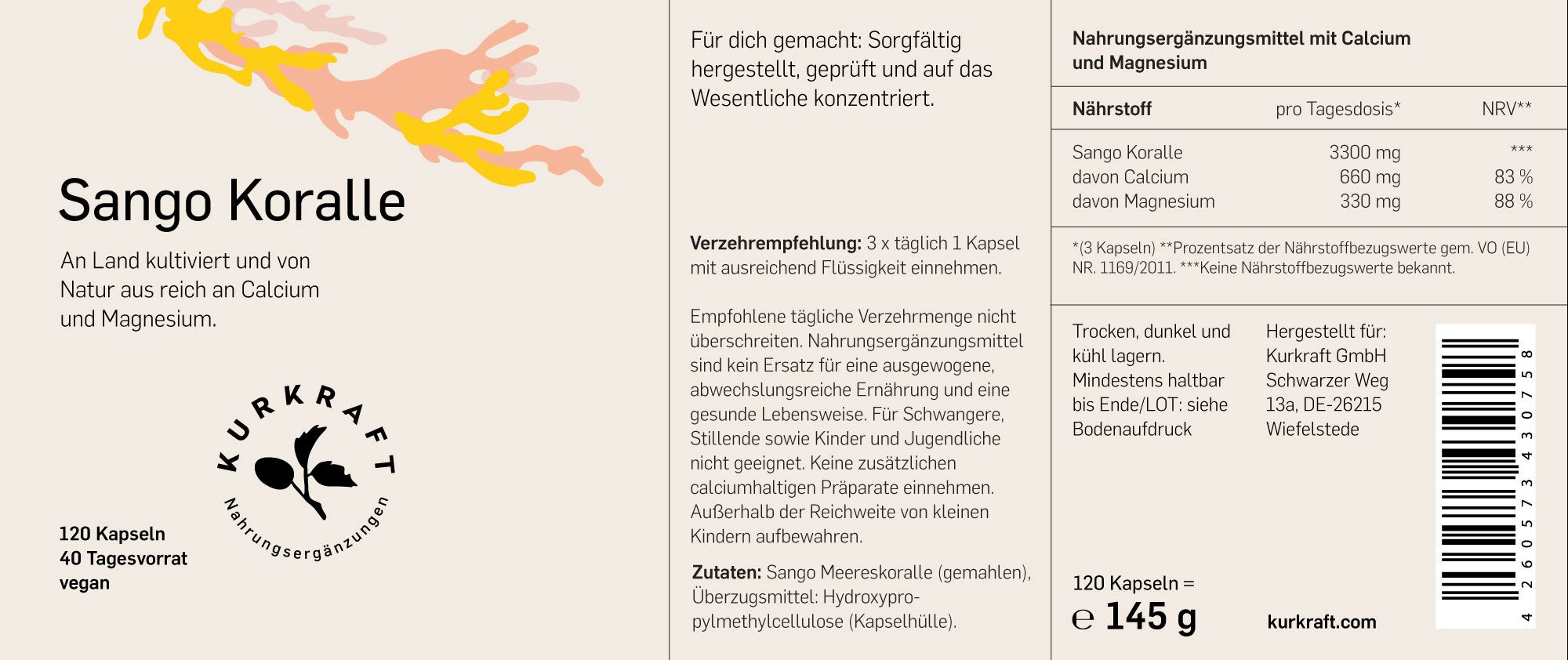 Kurkraft© Sango Koralle – 660 mg Calcium + 330 mg Magnesium – 120 Kapseln – 40 Tage