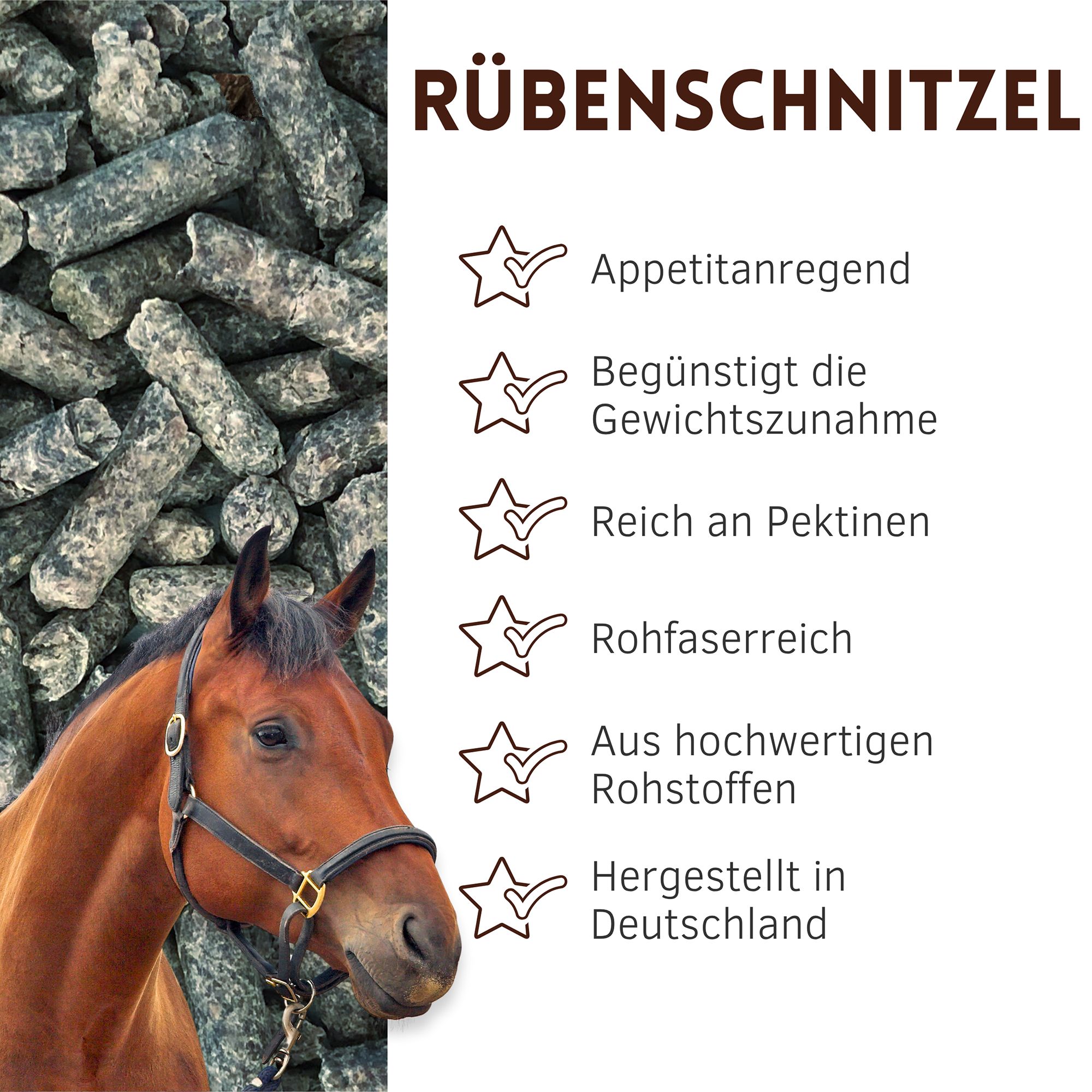 Pferdekopf mit Halfter neben Rübenschnitzel. Text: Appetitanregend, fördert Gewichtszunahme, reich an Pektinen, rohfaserreich, hochwertige Rohstoffe, hergestellt in Deutschland.