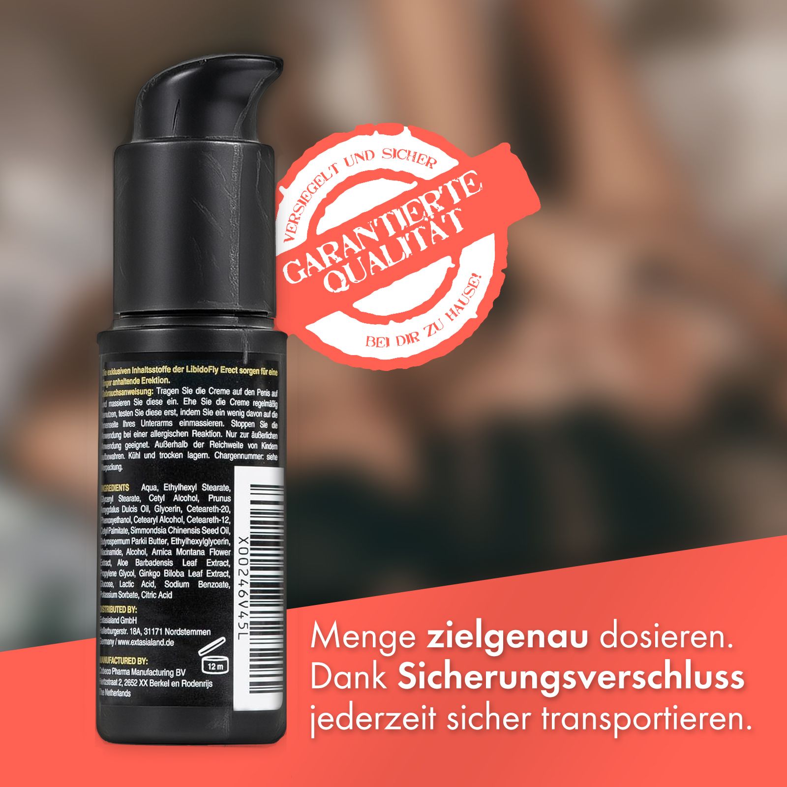 Produktflasche mit Text. Roter Stempel: Garantierte Qualität. Text: Menge zielgenau dosieren, etc.