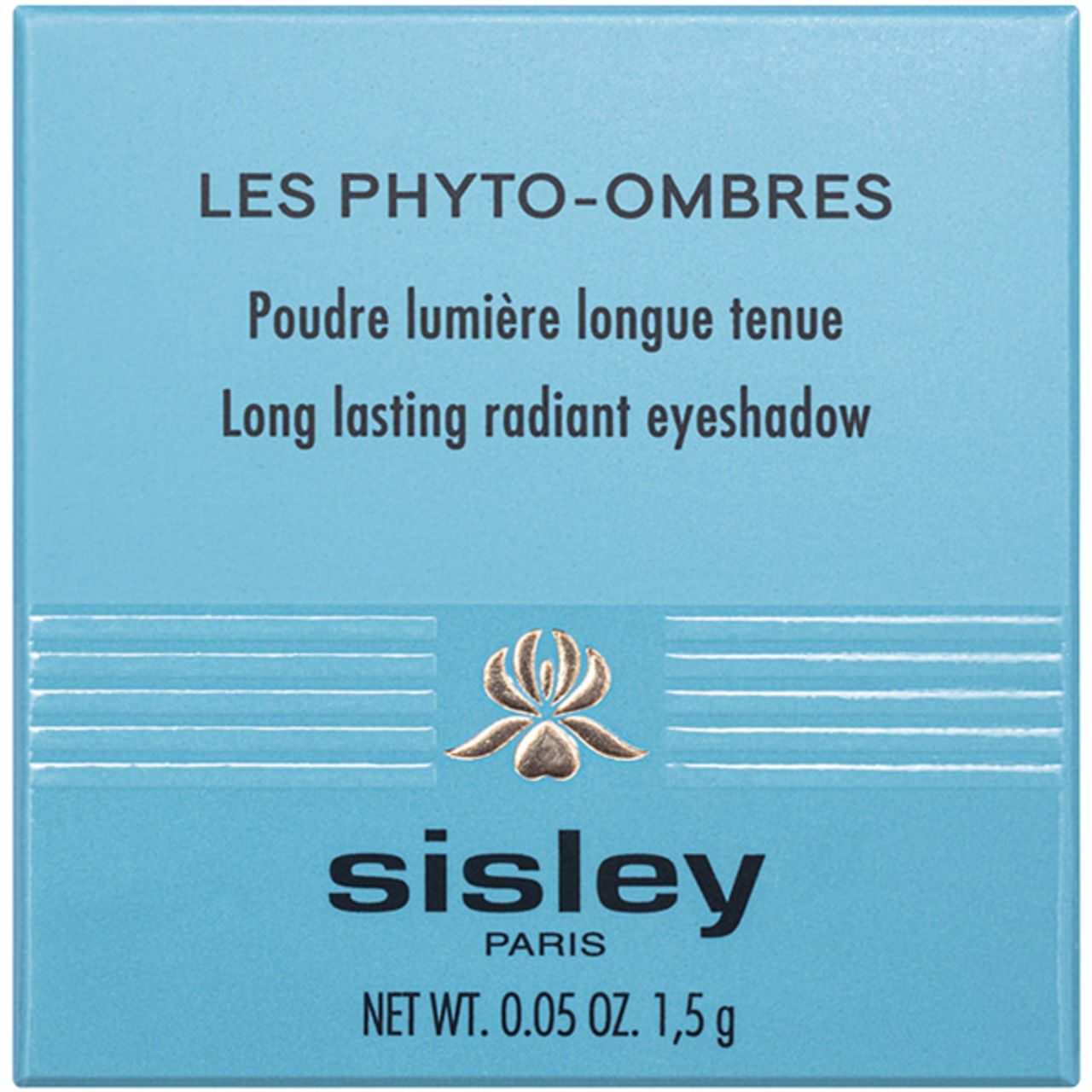 Türkisfarbene Schachtel mit Text: LES PHYTO-OMBRES, Poudre lumière longue tenue, Long lasting radiant eyeshadow. Sisley-Logo und Gewicht.
