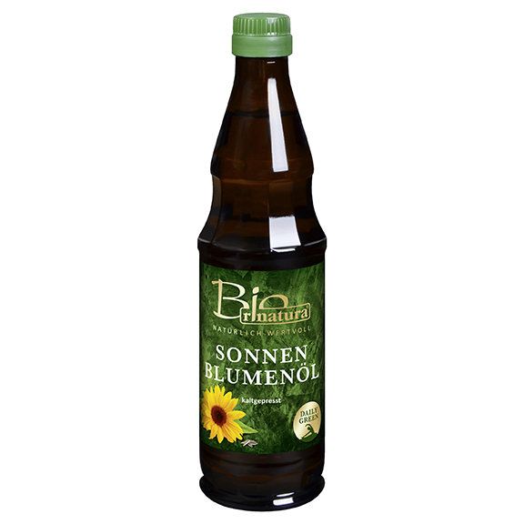 Braune Glasflasche mit grünem Deckel. Auf dem Etikett steht "Sonnenblumenöl".