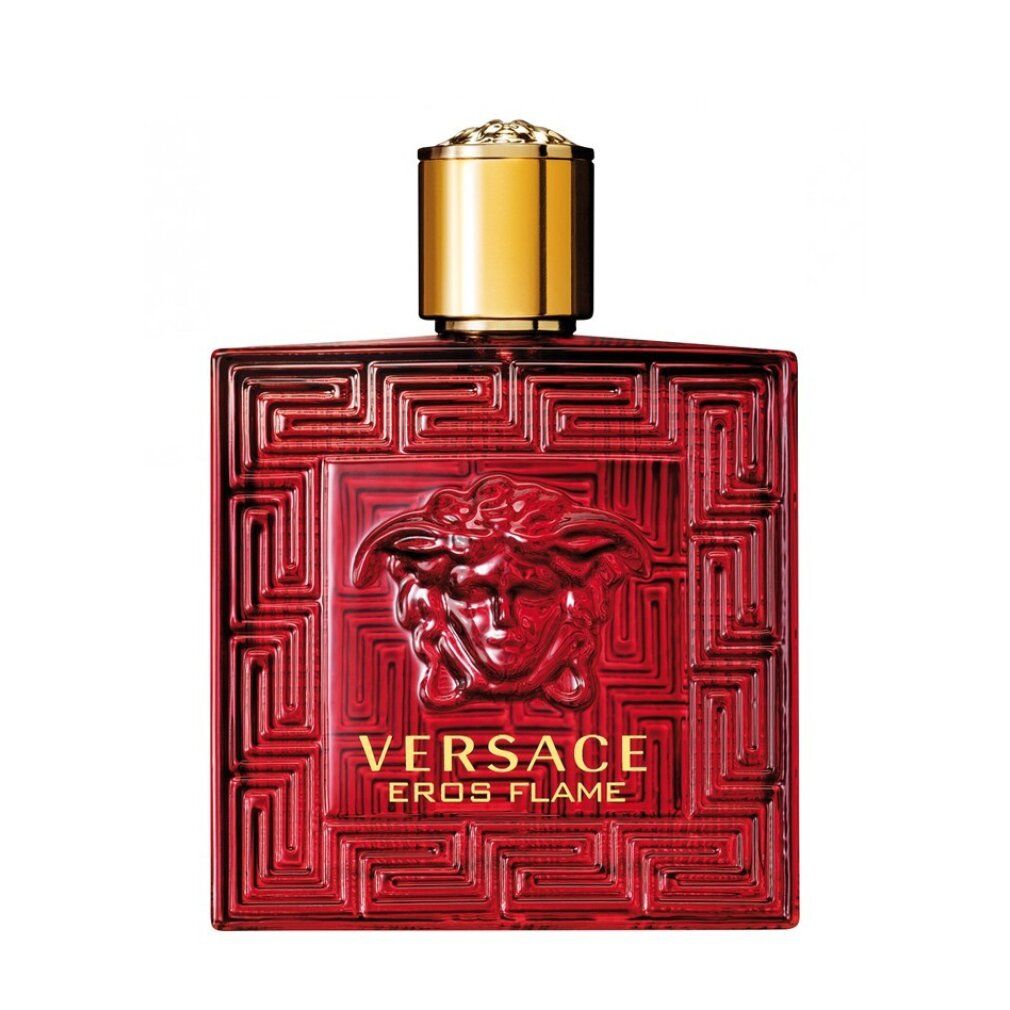 Roter Flakon mit goldenem Verschluss. Geprägtes Versace-Logo und Schriftzug 'Eros Flame'. Quadratische Form mit Reliefmuster.